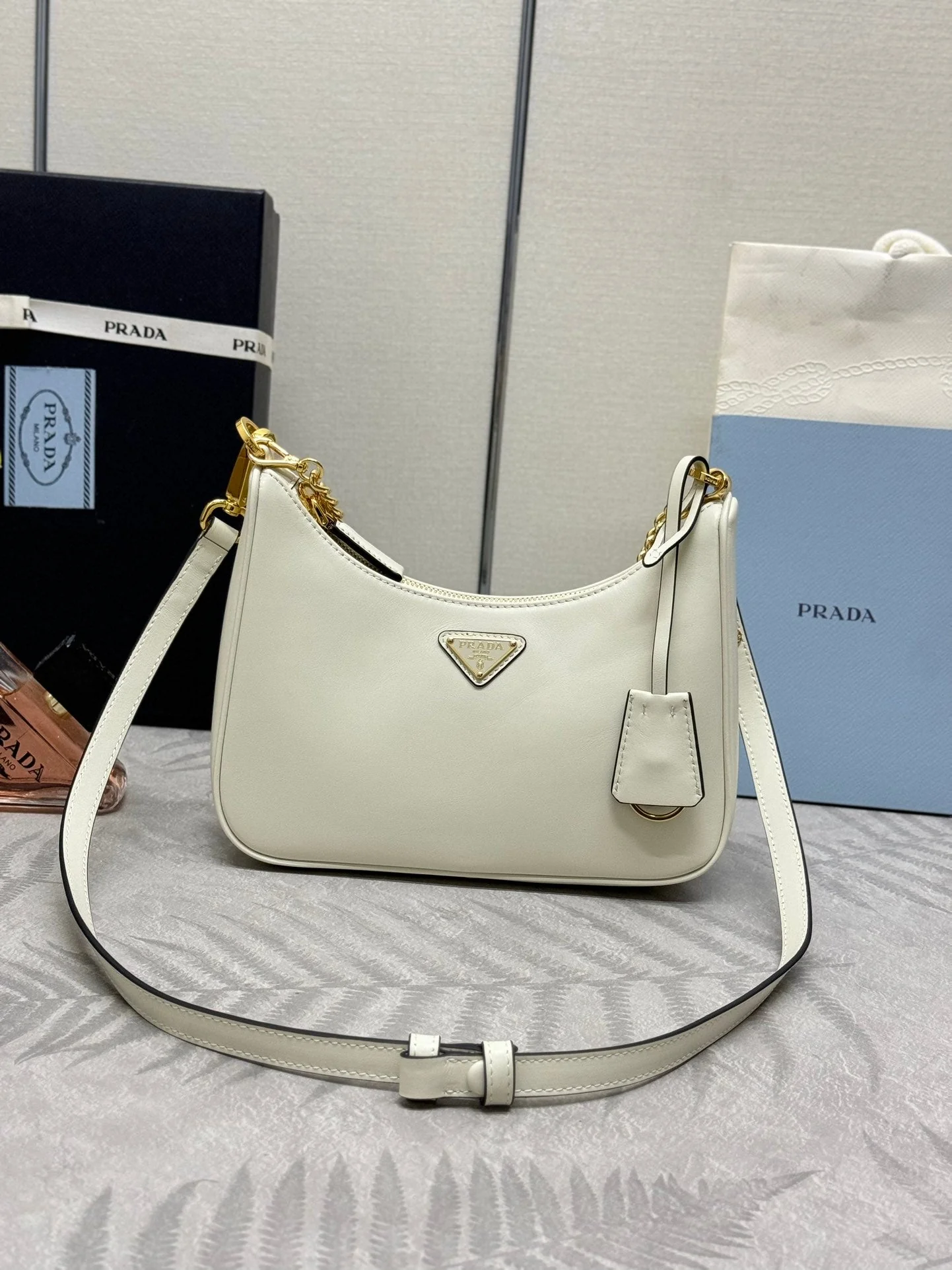Prada HOBO BAG 23 IN WHITE NAPPA LAMBSKIN GOLD CHAIN