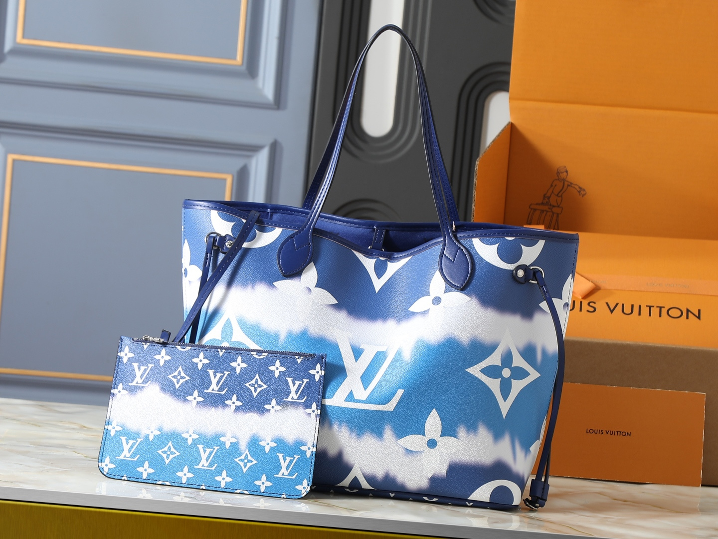 Louis Vuitton LV Neverfull MM Escale Blue Monogram Canvas Leather Tote Shoulder Bag With Pouch - KAIROO