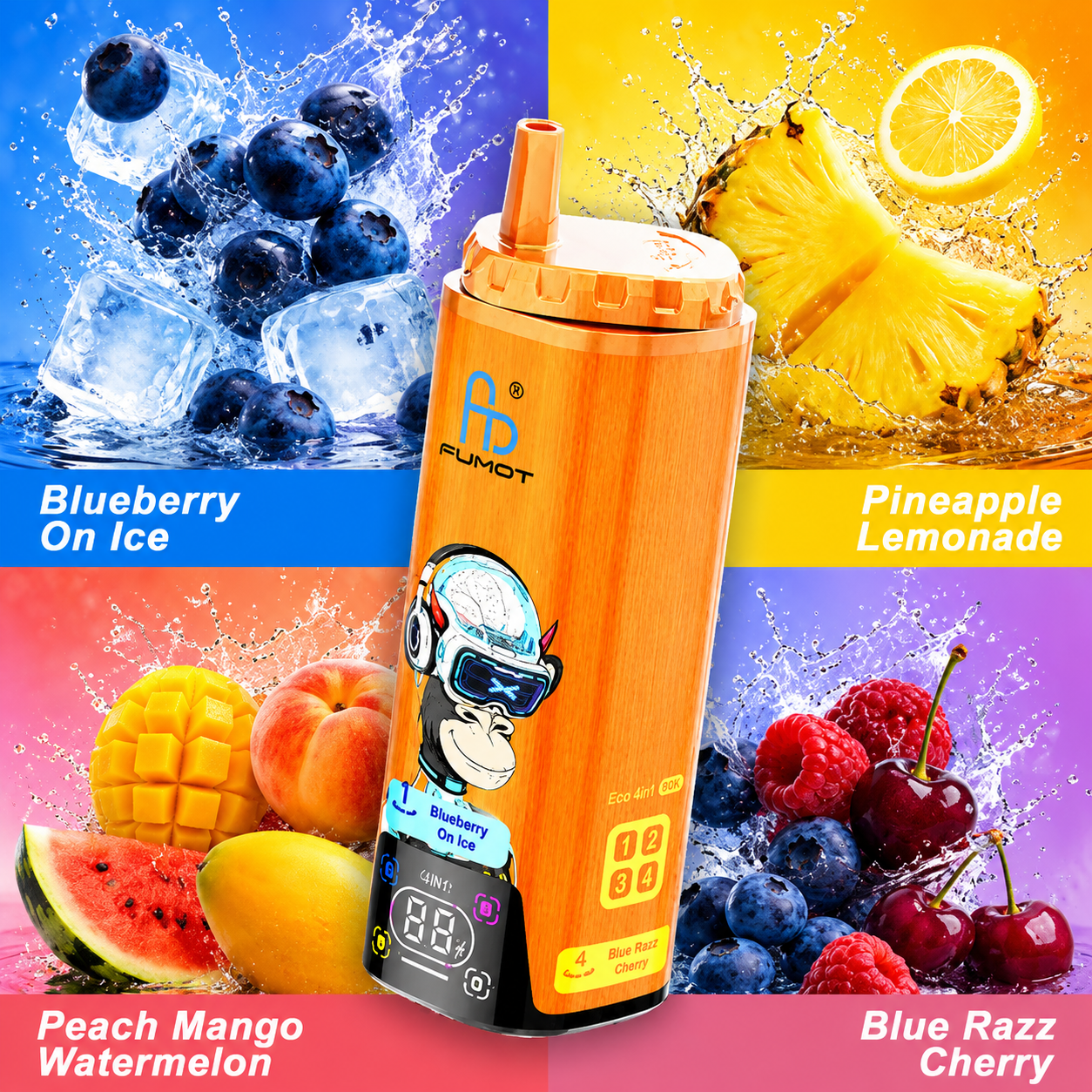 FUMOT 80K 4in1-Blueberry On Ice&Pineapple Lemonade&Peach Mango Watermelon&Blue Razz Cherry - Vaba Vaba