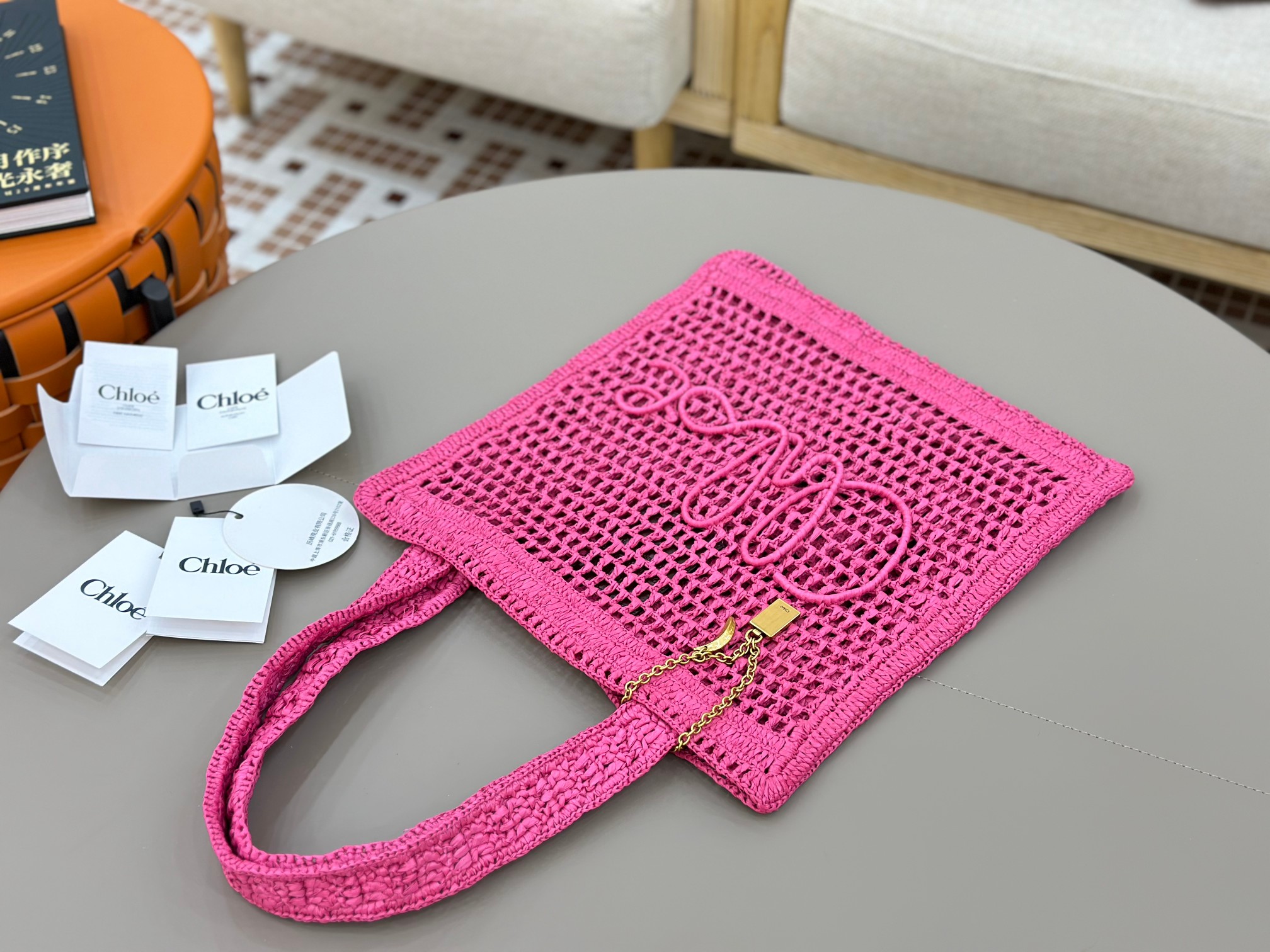 Chloe Summer BanaNa Tote Bag in Raffia-Fuchsia Rose