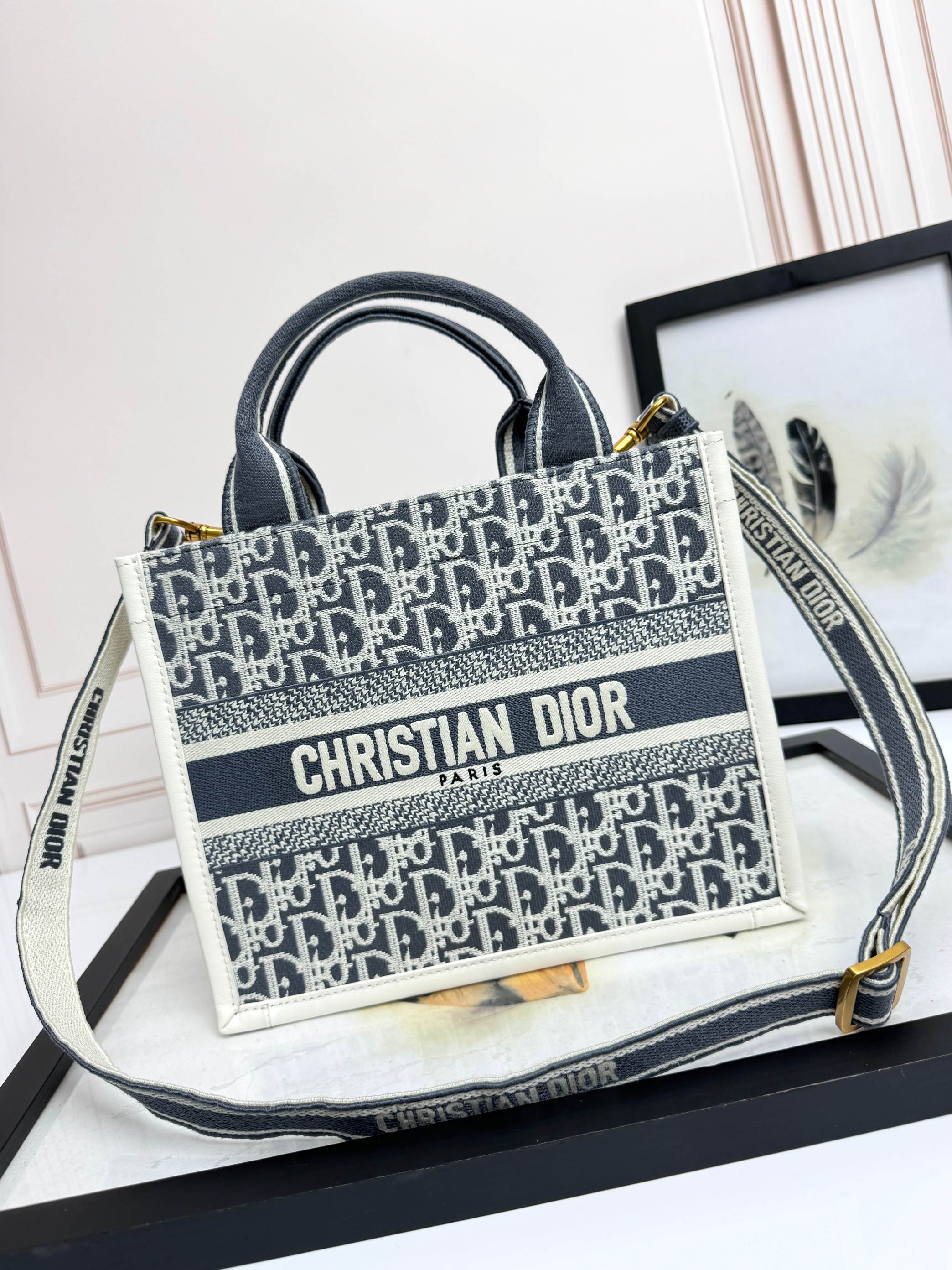 Dior Embroidered Canvas Small  Book Tote with shoulder strap