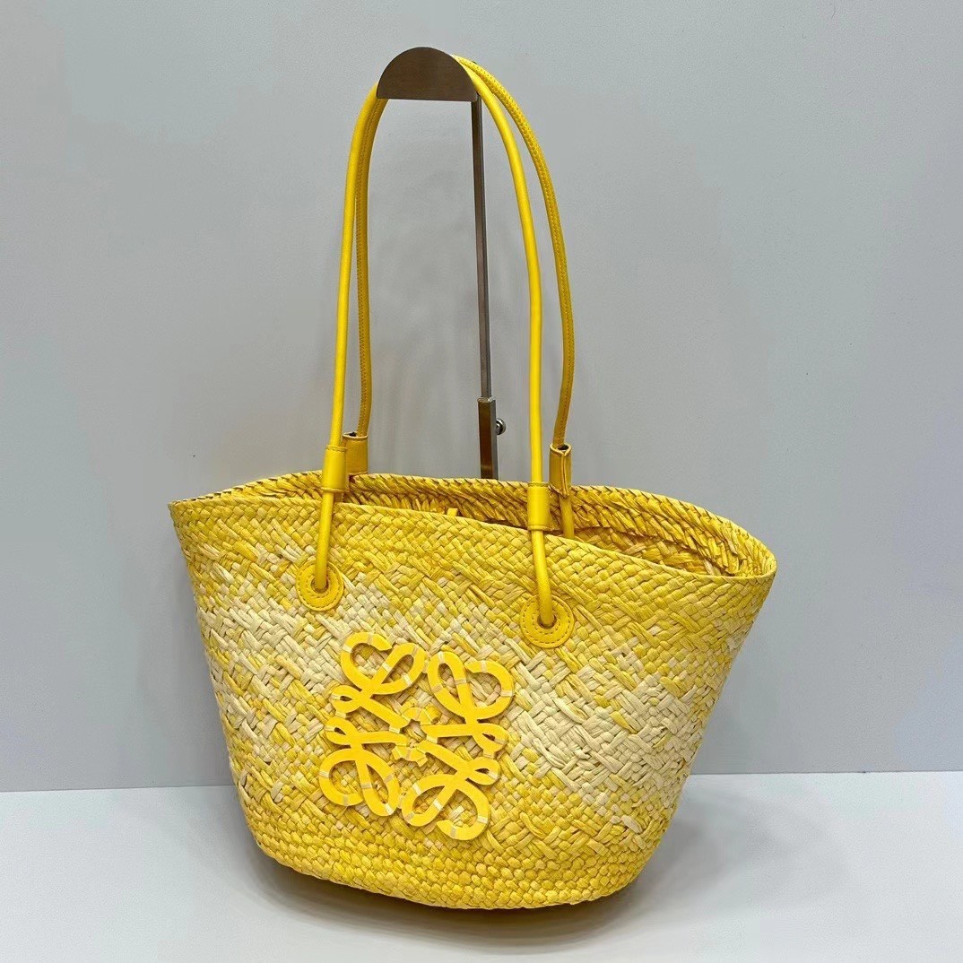 Loewe Paula's Ibiza Medium Yellow Woven Anagram Logo Raffia Straw Basket Tote Bags - KAIROO