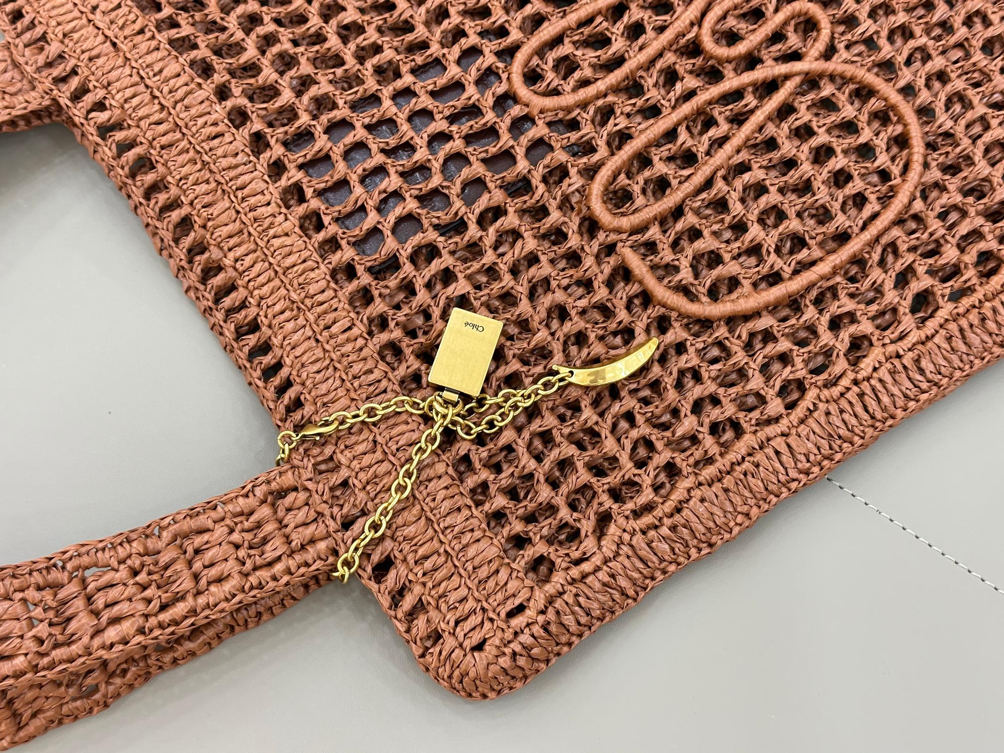 Chloe Summer Banana Tote Bag in Raffia-Brown