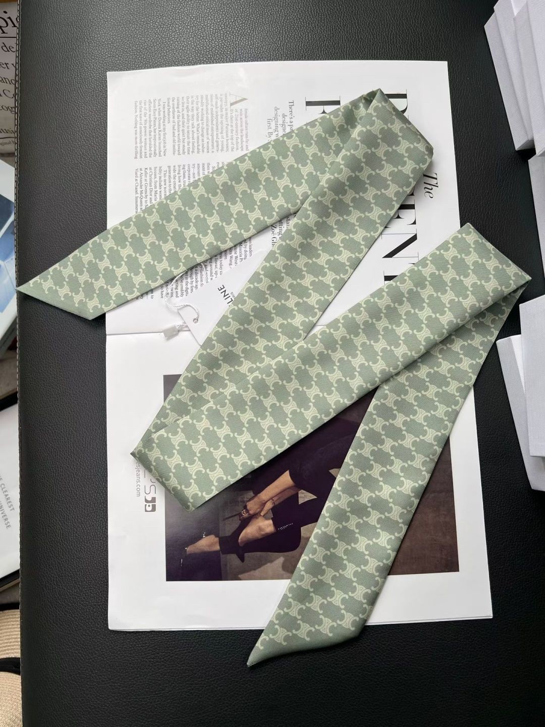Celine Green Monogram Triomphe All Over Print Silk Twill Skinny Scarf - KAIROO