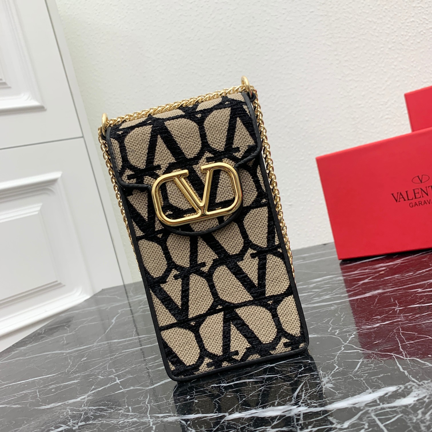 Valentino Toile Iconographe Beige Black Canvas Leather VLogo Signature Chain Mini Vertical Phone Pouch Bag - KAIROO