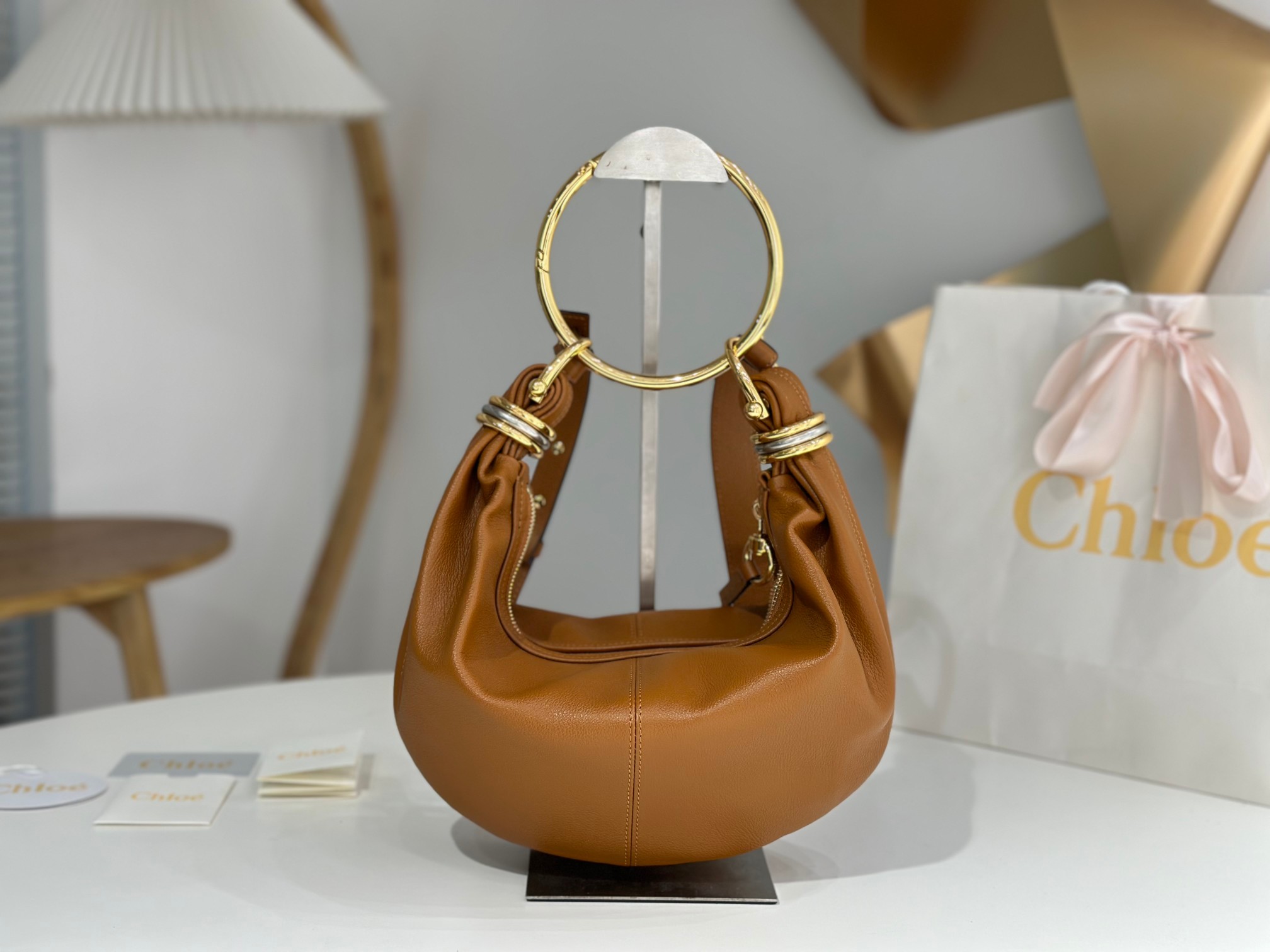 Chloe Small Bracelet Hobo Bag in Grained leather -Clay Brown