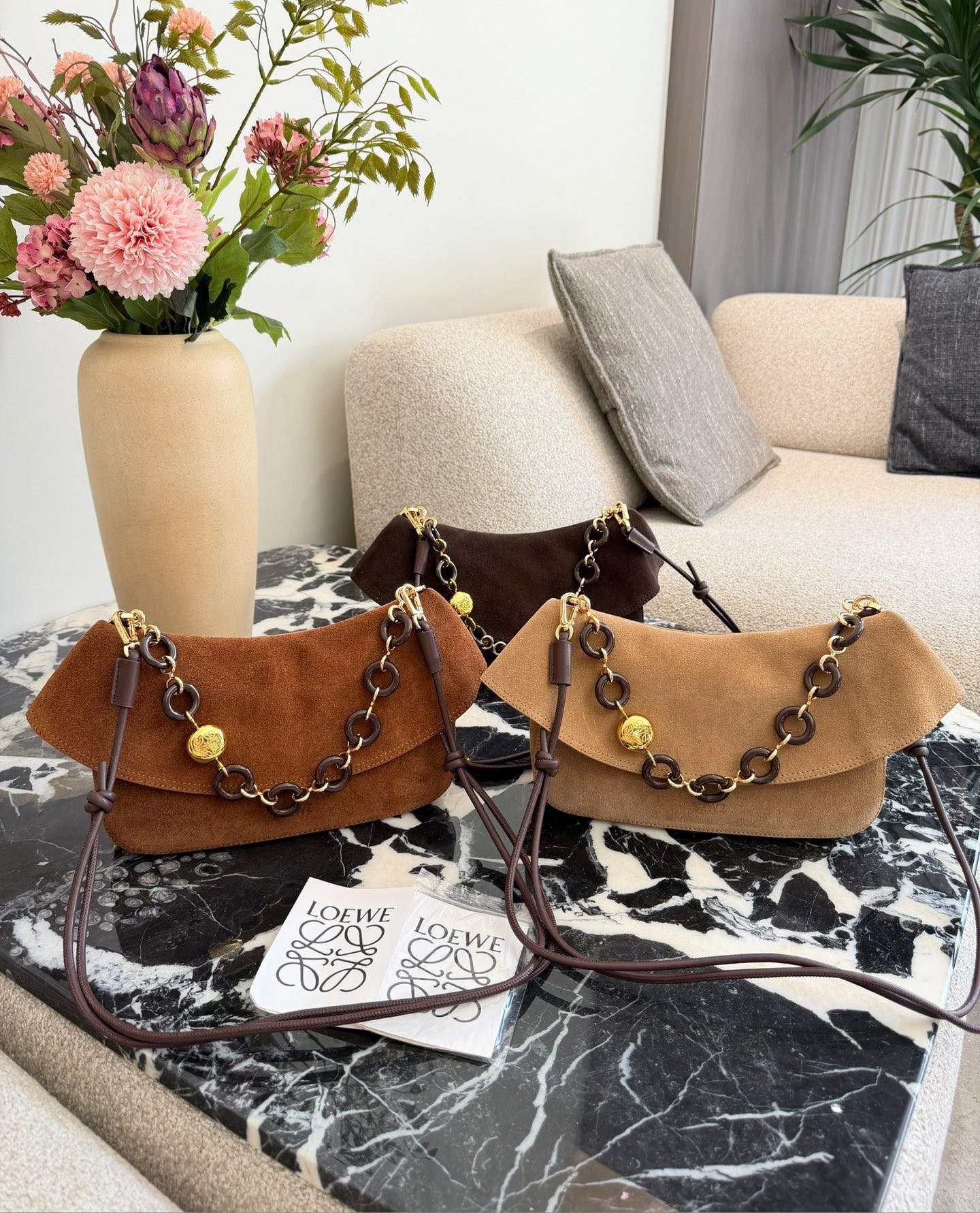 Loewe Paseo Ola Small Ruffle Accent Suede Leather Pebble Donut Chain Strap Wave Shoulder Hobo Bag - KAIROO