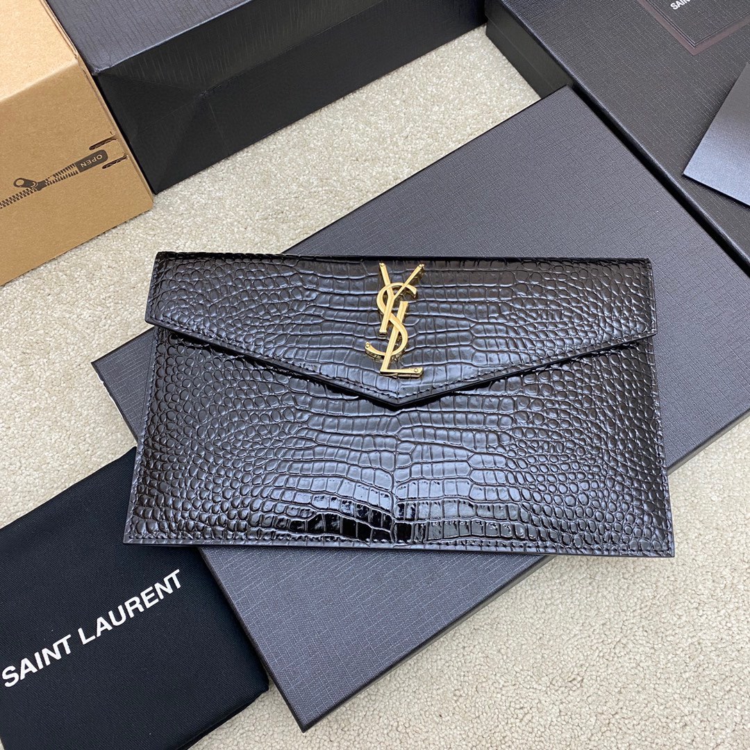 Saint Laurent Black Uptown Small Clutch in Crocodile Embossed leather