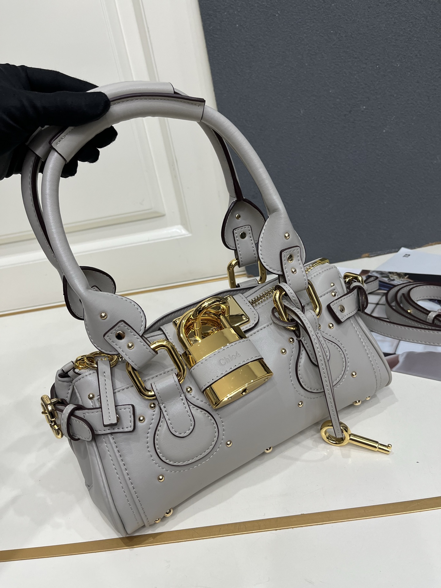 Chloe Paddington Light Grey Mini Oversized Rivet Padlock Key Smooth Leather Hobo Top Handle Bag - KAIROO