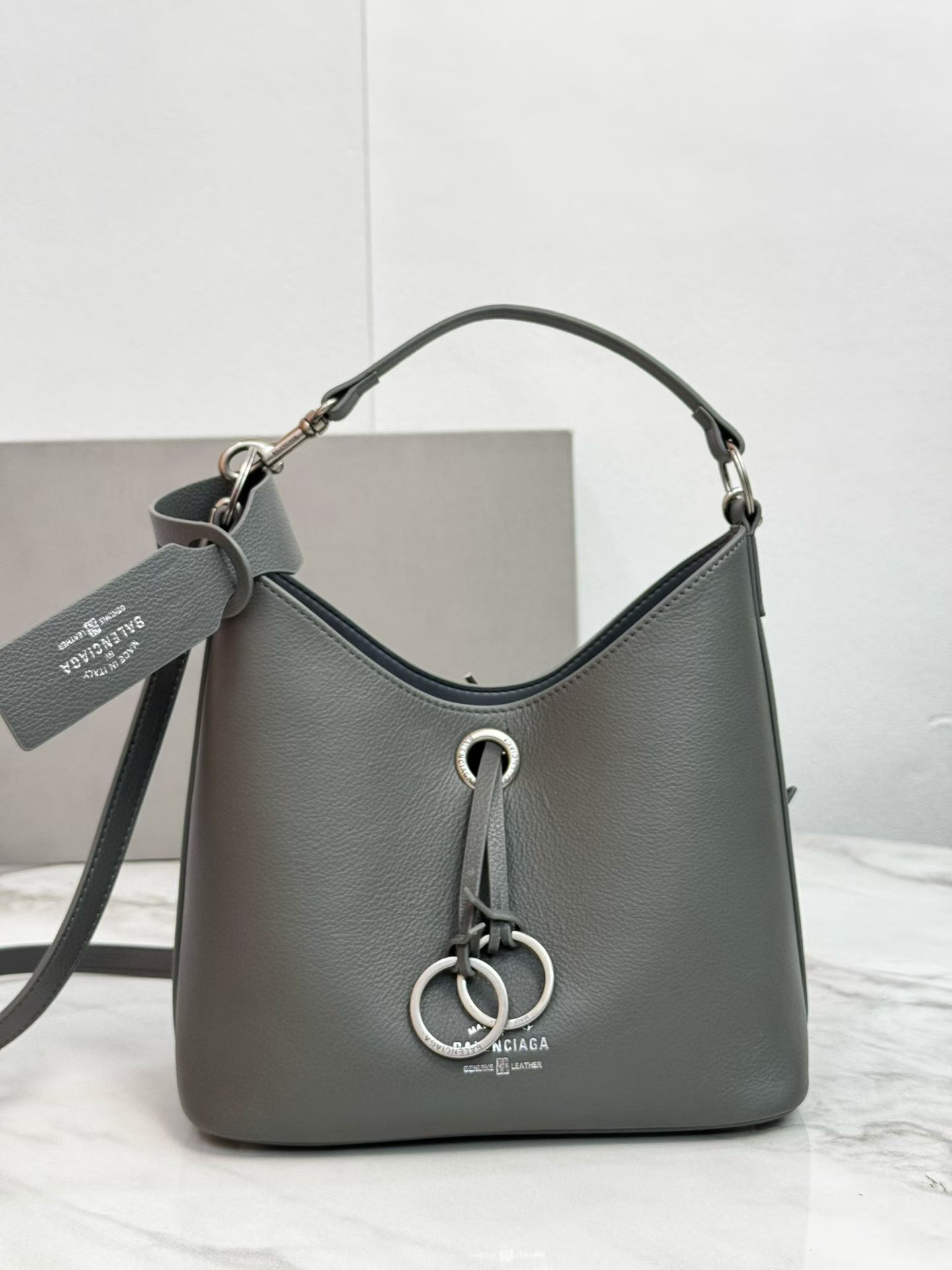 Balenciaga Duty Free Small Grey Pierced Soft Grained Leather Silver Ring Hobo Tote Bag - KAIROO