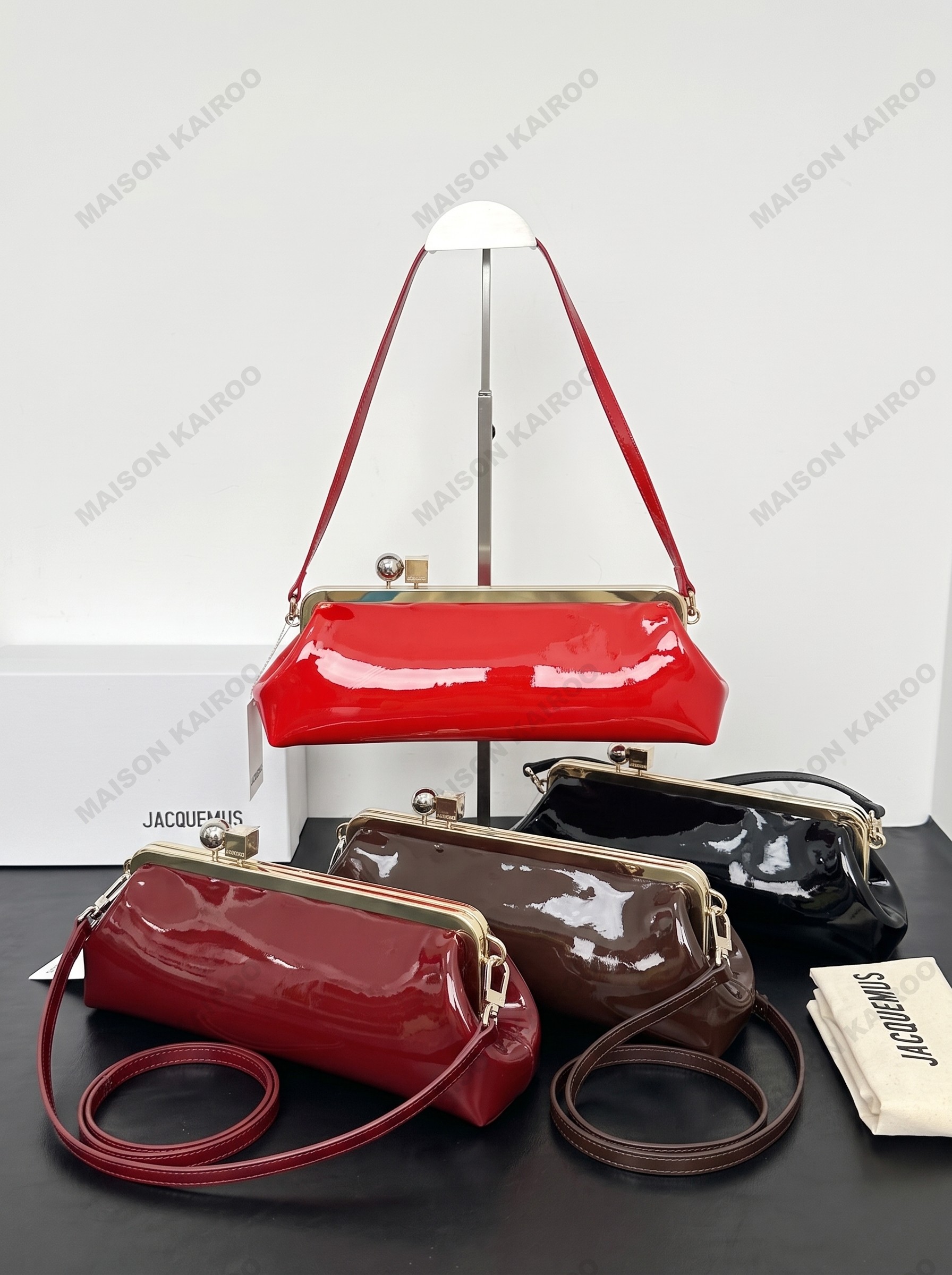 Jacquemus La Pochette Salon Gloss Patent Leather Metallic Frame Clasp Clutch Hobo Shoulder Bag - KAIROO