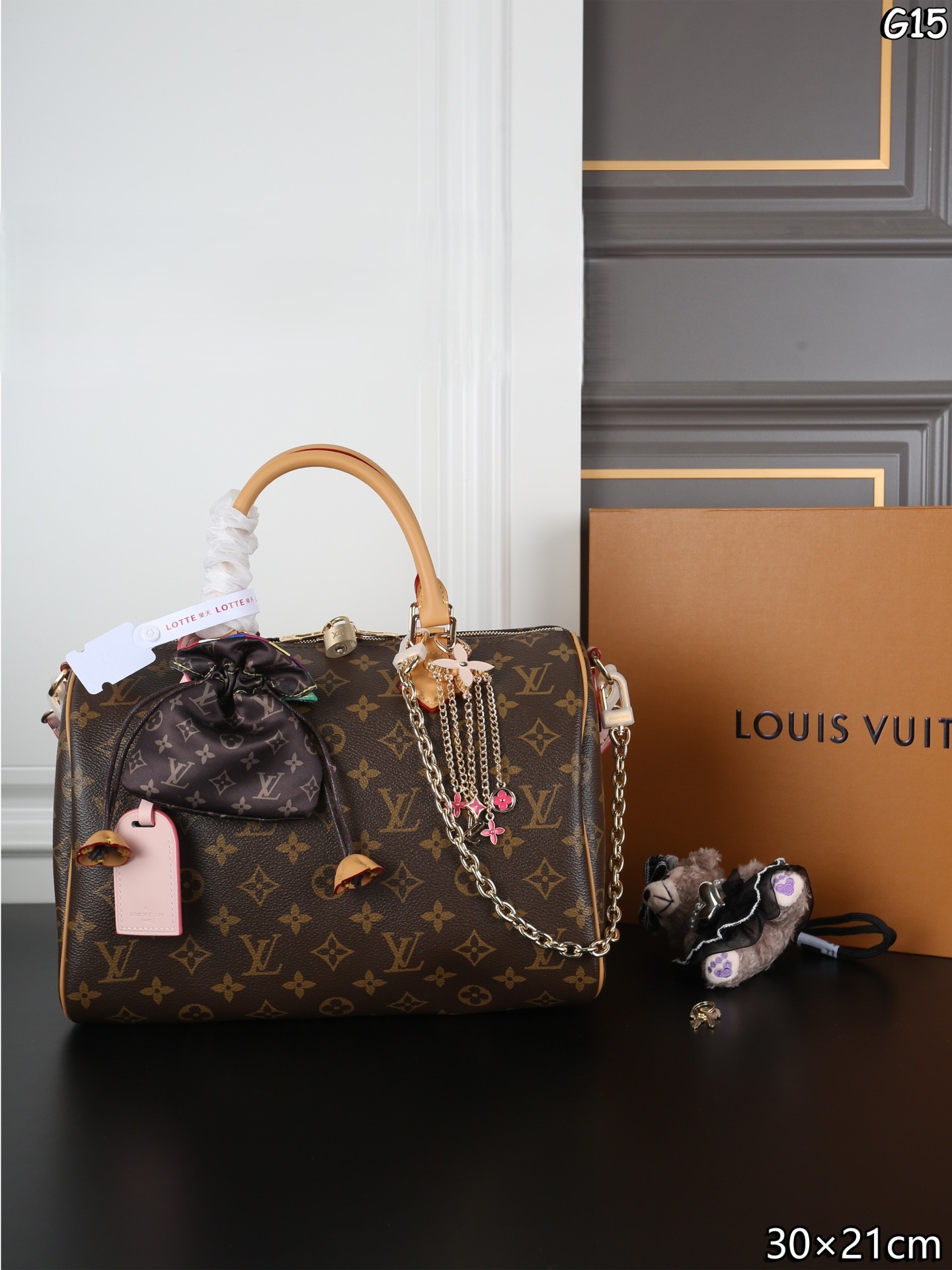 Louis Vuitton LV Speedy 30 Monogram Canvas Pouch/Flower Charm Pink Shoulder Strap Boston Top Handle Bag - KAIROO