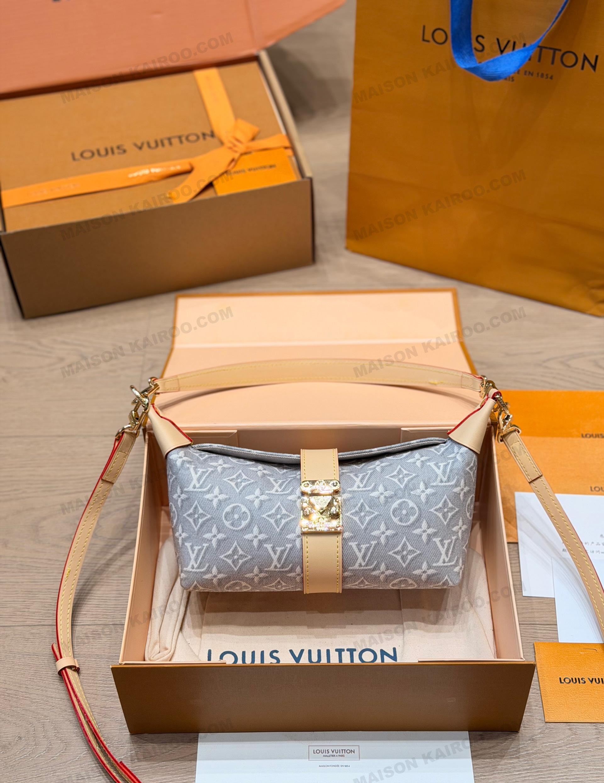 Louis Vuitton LV Pochette Mia Light Grey Denim Monogram S-Lock Horizontal Baguette Hobo Croissant Shoulder Bag - KAIROO