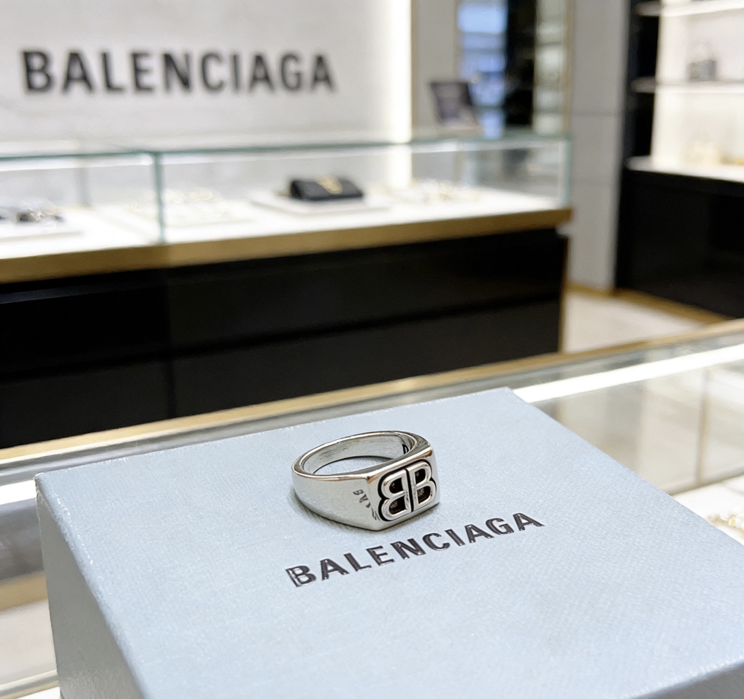 Balenciaga BB Icon Embossed Square Face Silver Tone Signet Ring - KAIROO