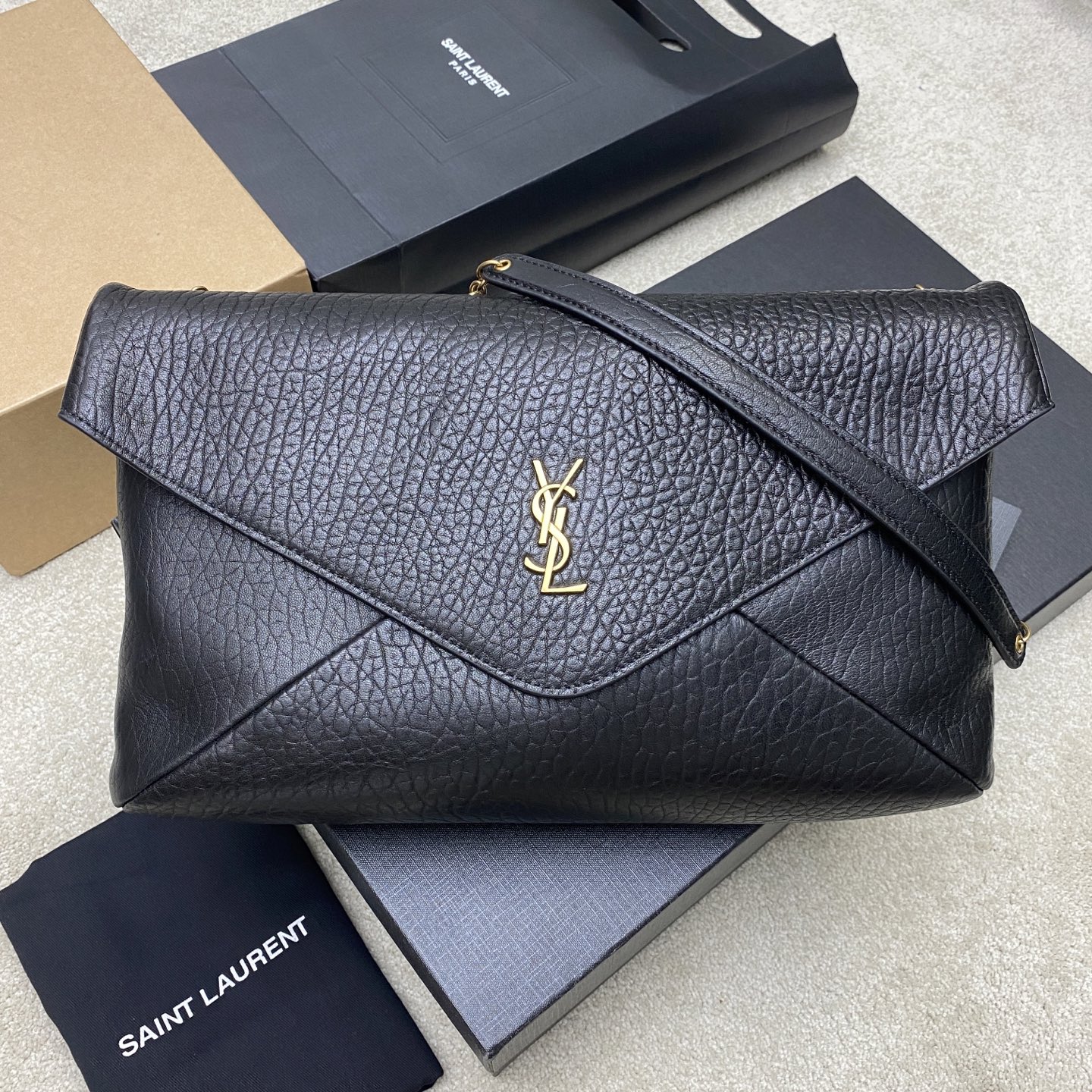 Saint Laurent Black Large Lambskin Cassandre Pouch On Chain