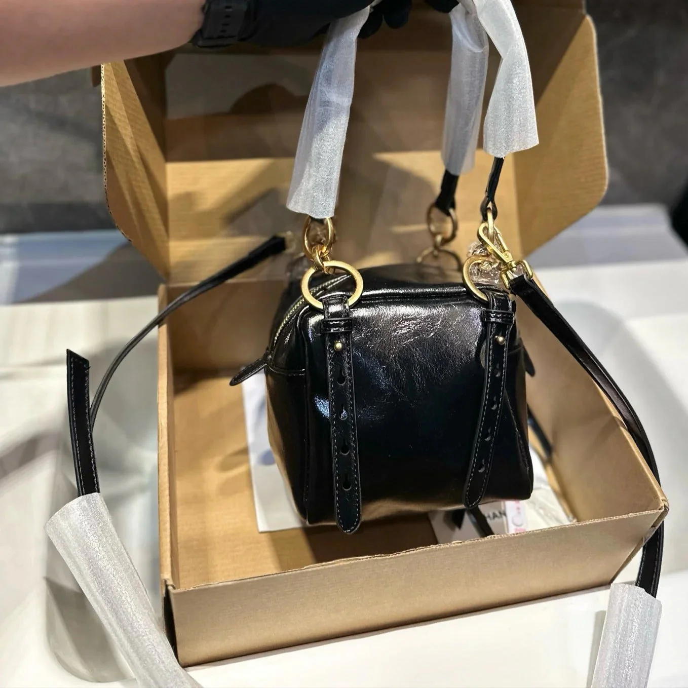 Prada DANGLE TOP HANDLE MINI BAG 15 IN BLACK PATENT CALFSKIN
