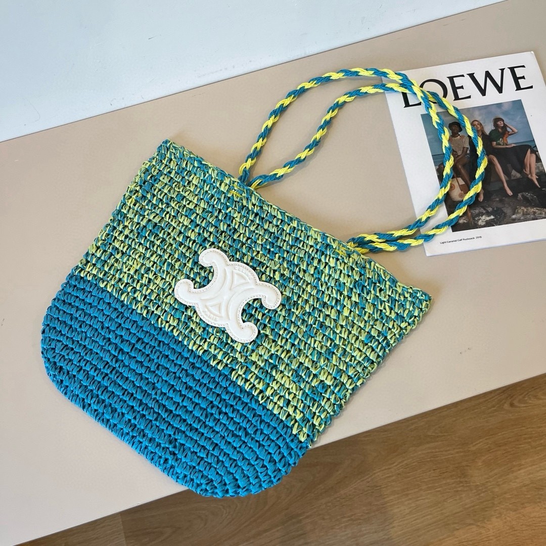 Celine Bicolour Blue And Yellow Triomphe Patch Woven Raffia Basket Tote Bag - KAIROO