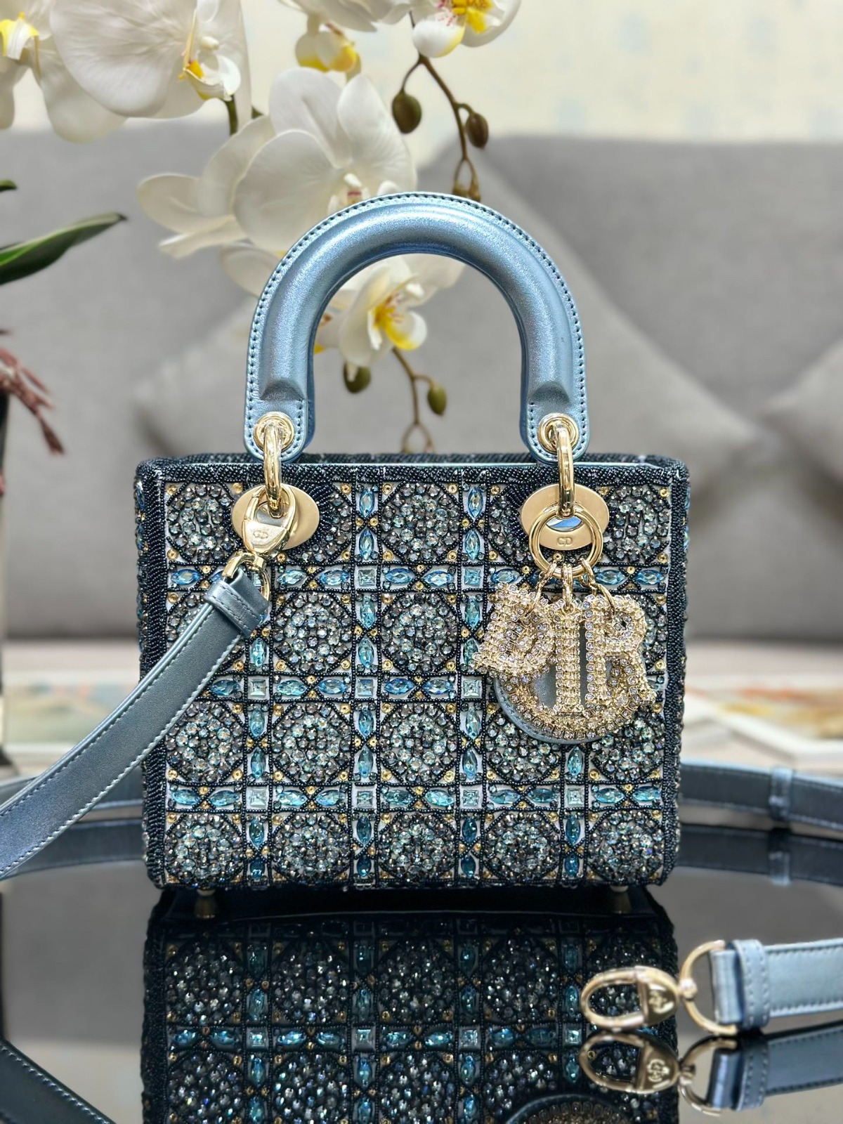 Dior Three-check embroidered Rhinestone blue bag