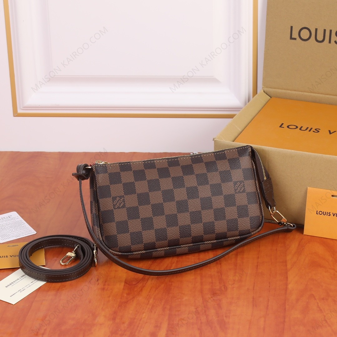 Louis Vuitton LV Pochette Accessoires Damier Ebene Canvas Leather Strap PA Pouch Hobo Shoulder Bag - KAIROO
