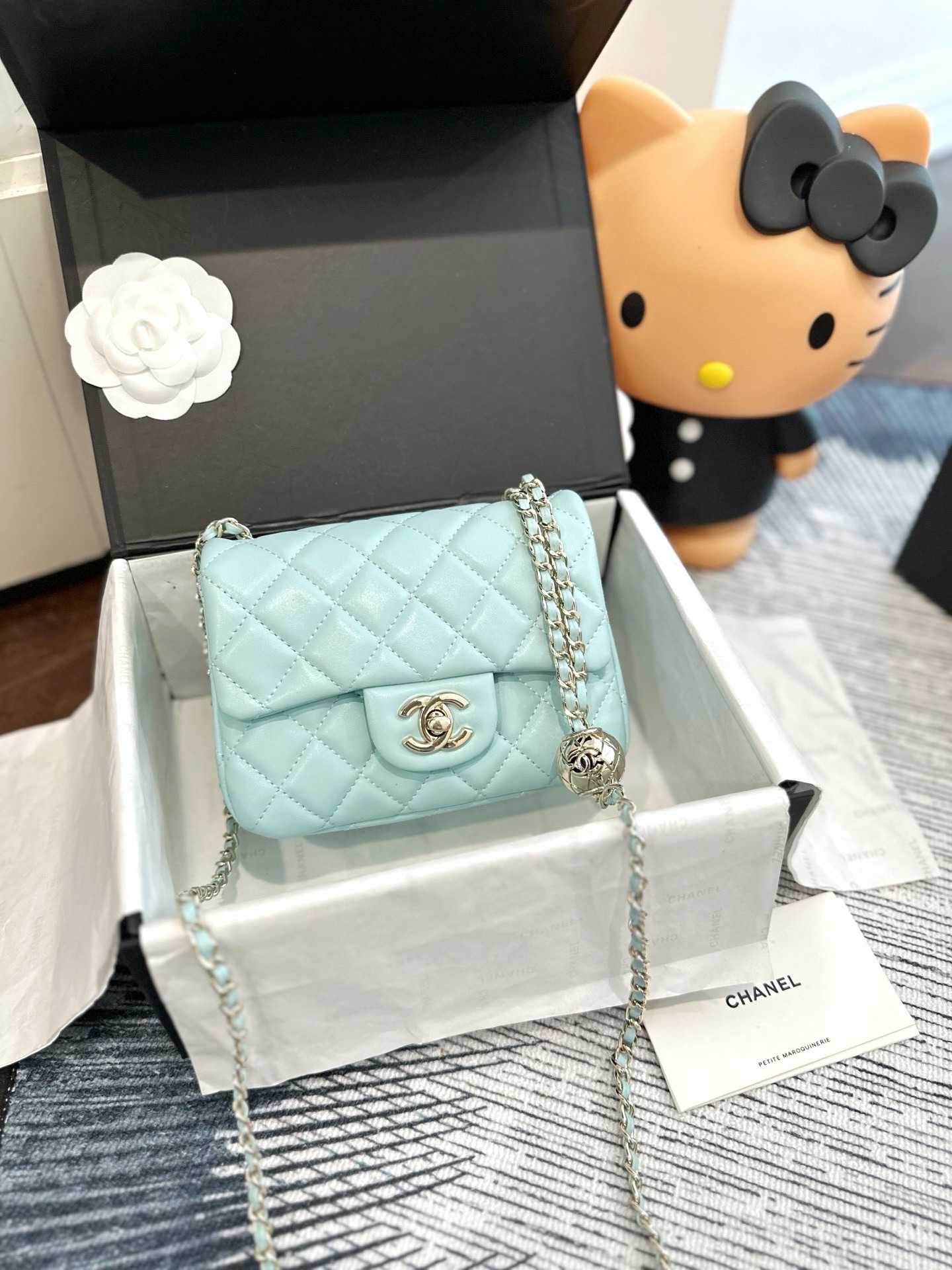 Chanel Mini Square CF 17CM Silver Ball Pearl Crush Quilted Leather Flap Chain Shoulder Bag - KAIROO