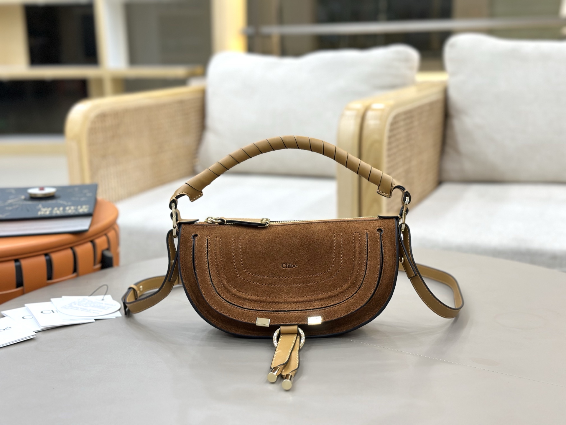 Chloe Mini Marcie Shoulder Bag in Suede Calfskin-Camel