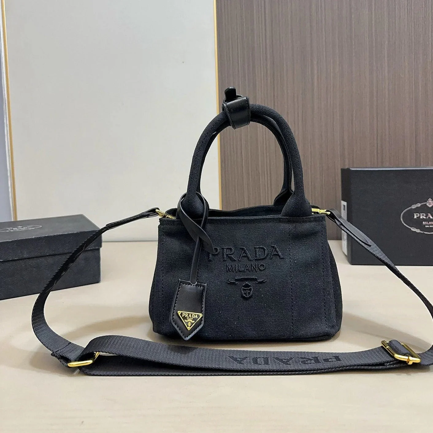 Prada EMBOSSED LOGO MINI TOTE BAG 22 IN BLACK FABIC