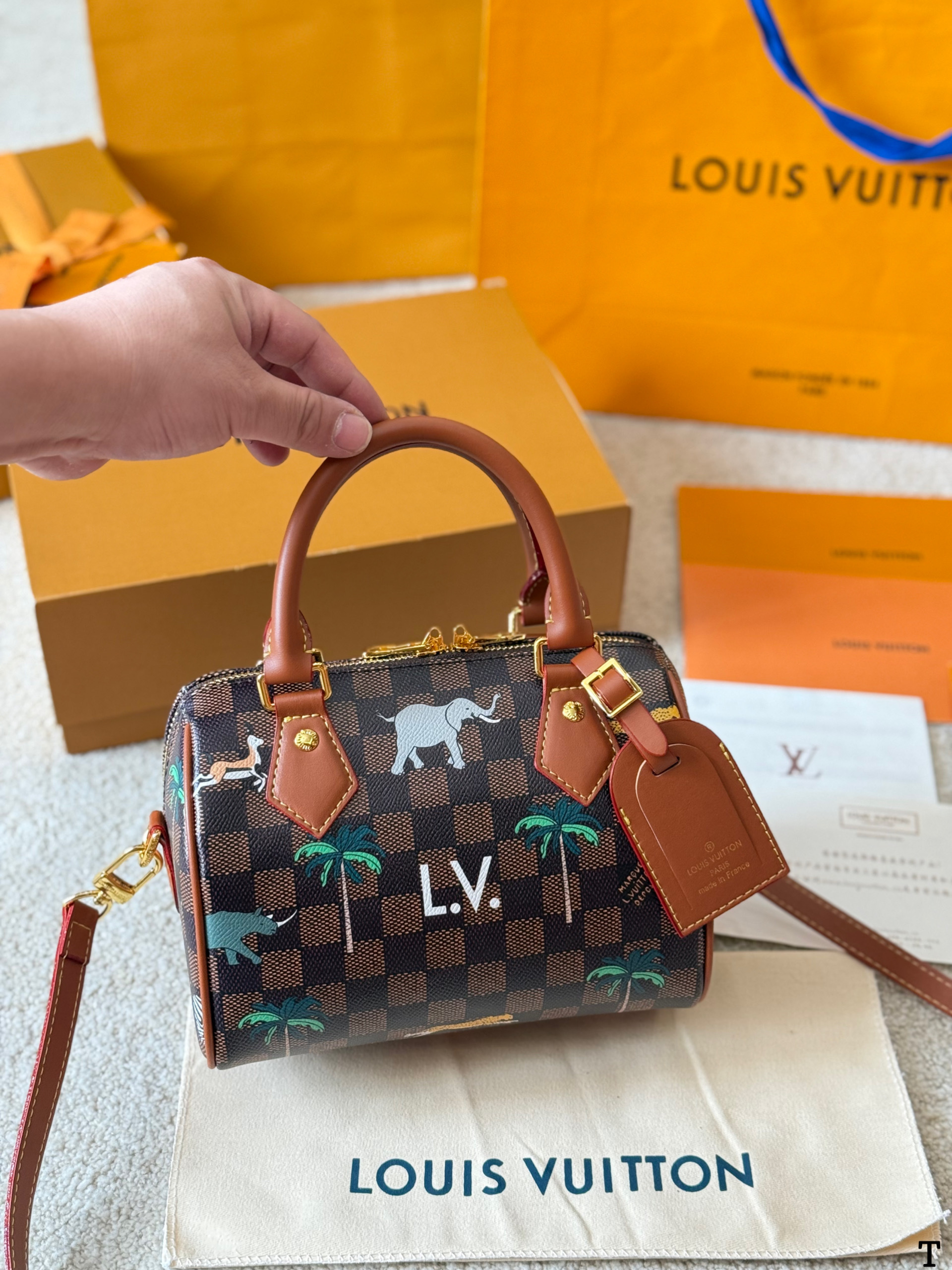 Louis Vuitton LV Speedy 20/30 Damier Ebene Safari Jungle Animal Printed Boston Top Handle Bag - KAIROO