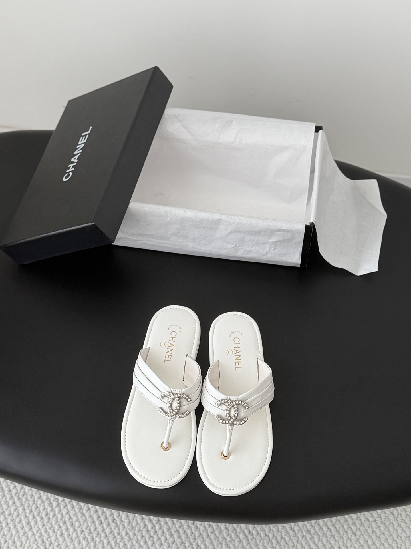 Chanel Smooth & Patent Lambskin Leather Chevron Quilted Strap Crystal CC Logo Thong Sandals - KAIROO