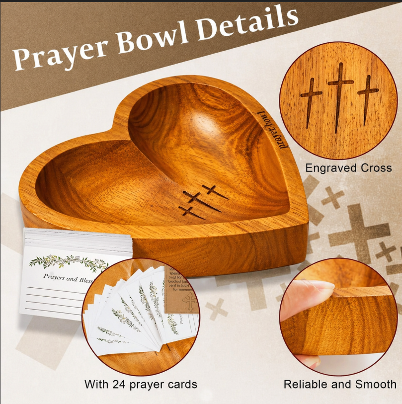 Hand-Carved Wooden Heart Prayer Bowl - Solid Artisan Hardwood Spiritual Centerpiece with 24 Premium Prayer Cards