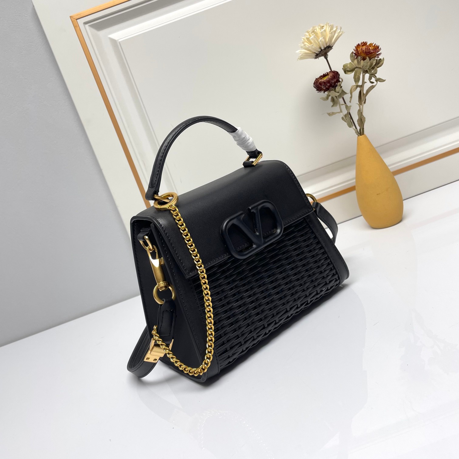 Valentino Tonal VLogo Signature Black Woven Leather Gold Chain Handle Shoulder Crossbody Bag - KAIROO