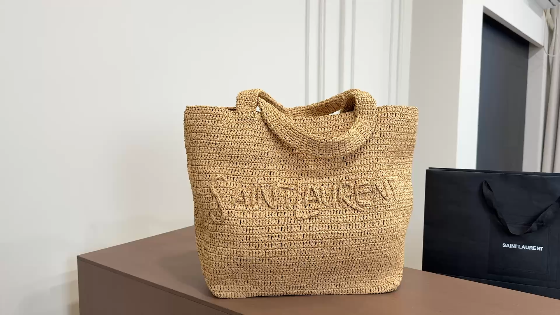 Saint Laurent YSL Rive Gauche Embroidered Raised Logo Raffia Woven Market Beach Tote Bag - KAIROO