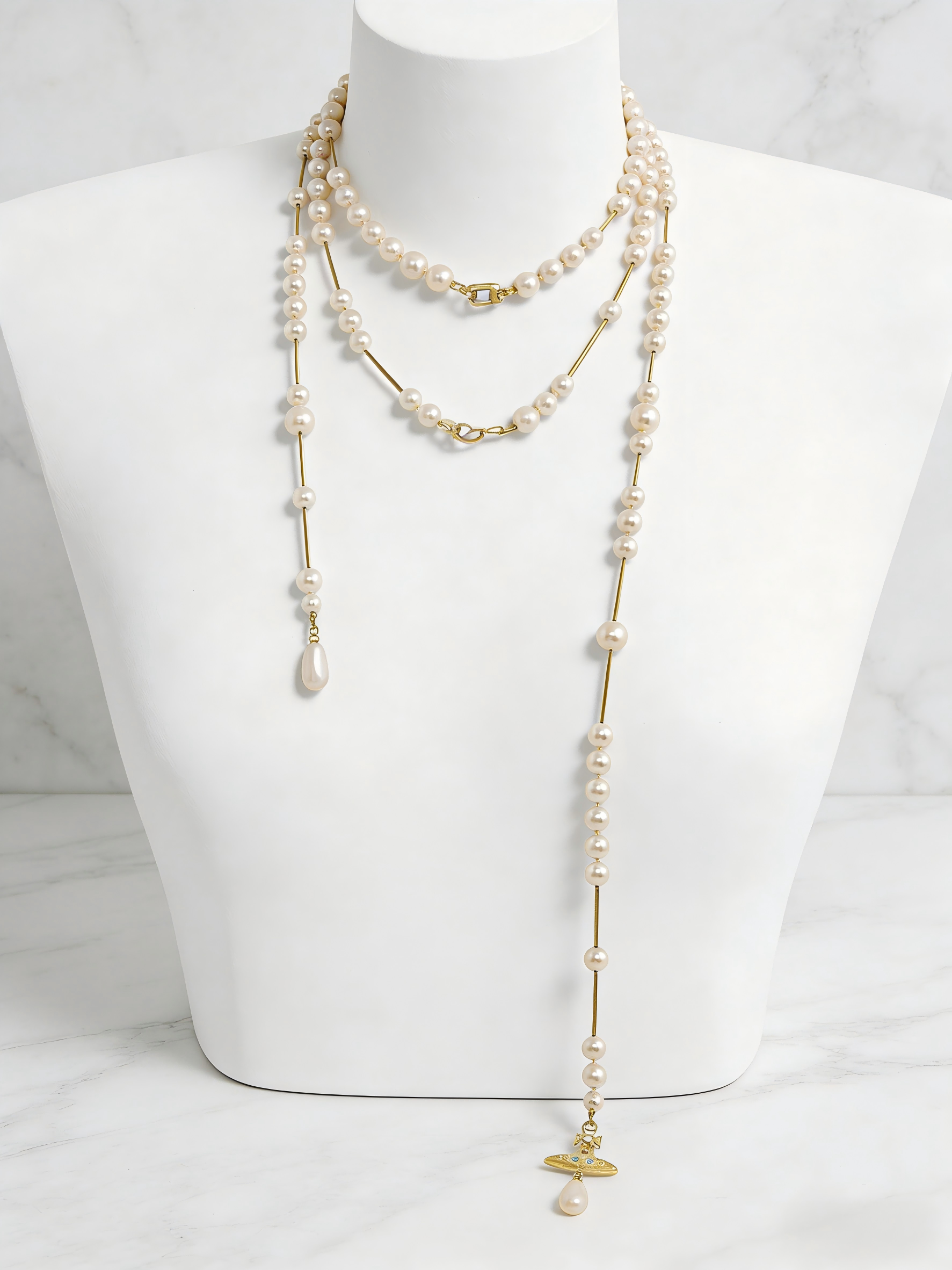 Luxury Layered Pearl Lariat Necklace with Orb Pendant | Elegant Gold Long Necklace with Teardrop Drop