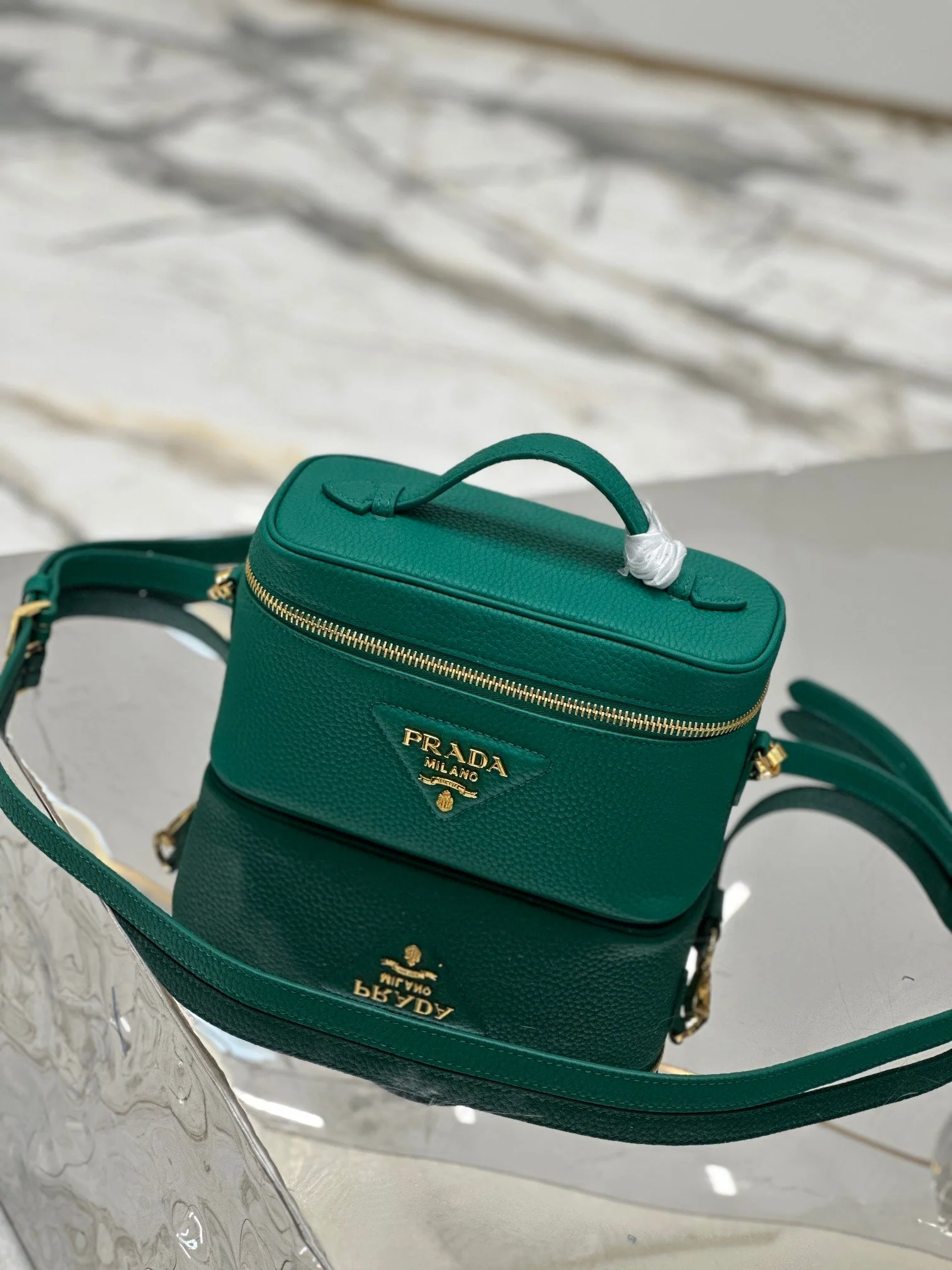 Prada VANITY CASE 18 IN EMERALD GREEN GRAINED CALFSKIN GOLD HARDWARE