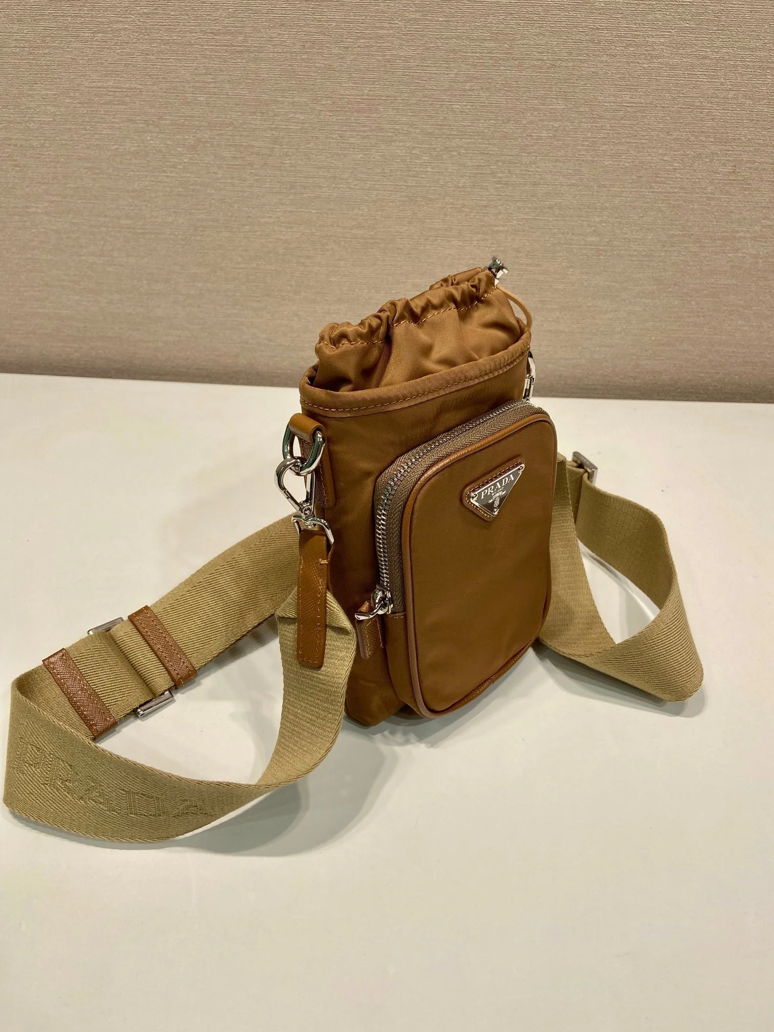 Prada PHONE BAG 18 IN SEPIA BROWN RE-NYLON
