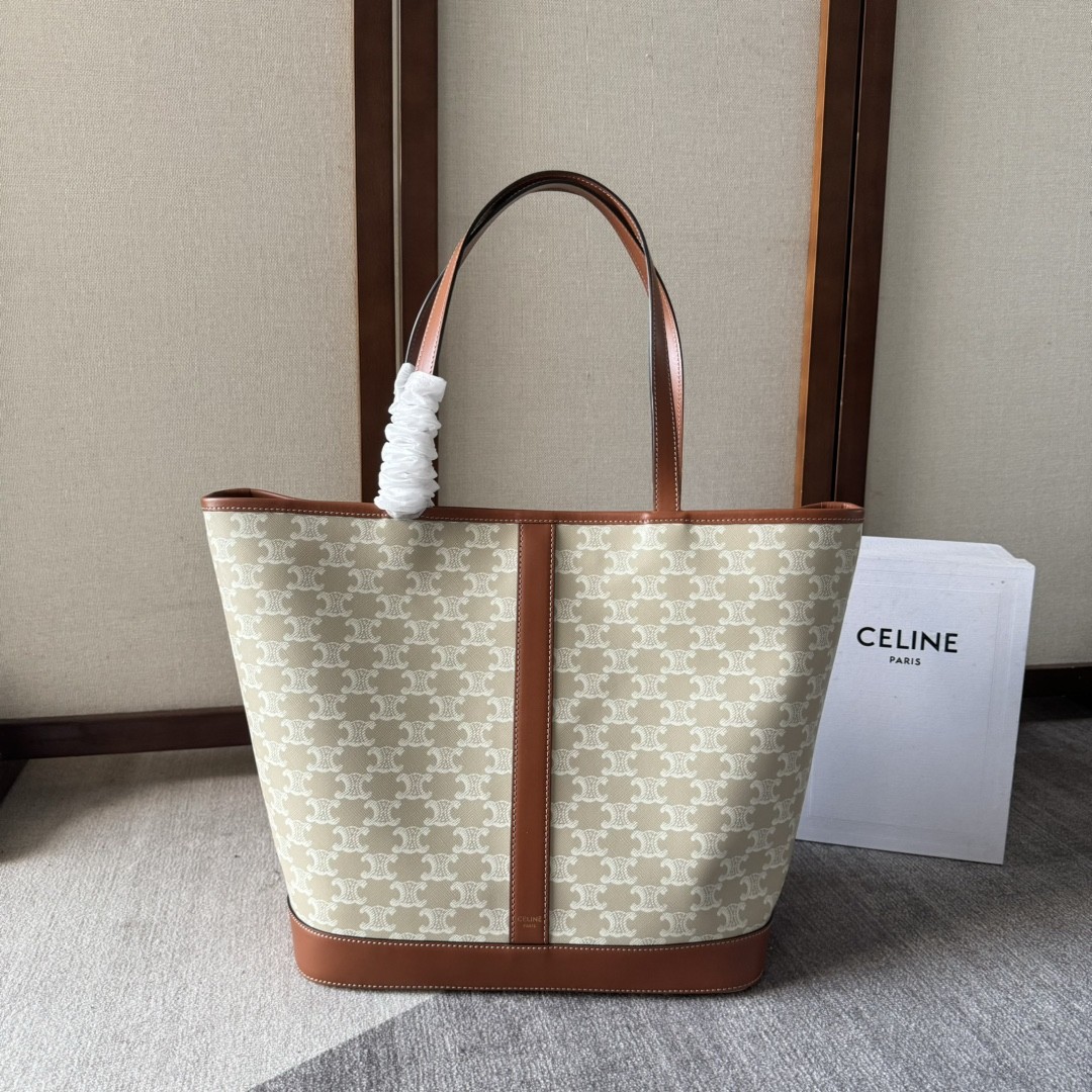 Celine Large Triomphe Monogram Canvas Leather Trim Spacious Horizontal Cabas Tote Bag - KAIROO