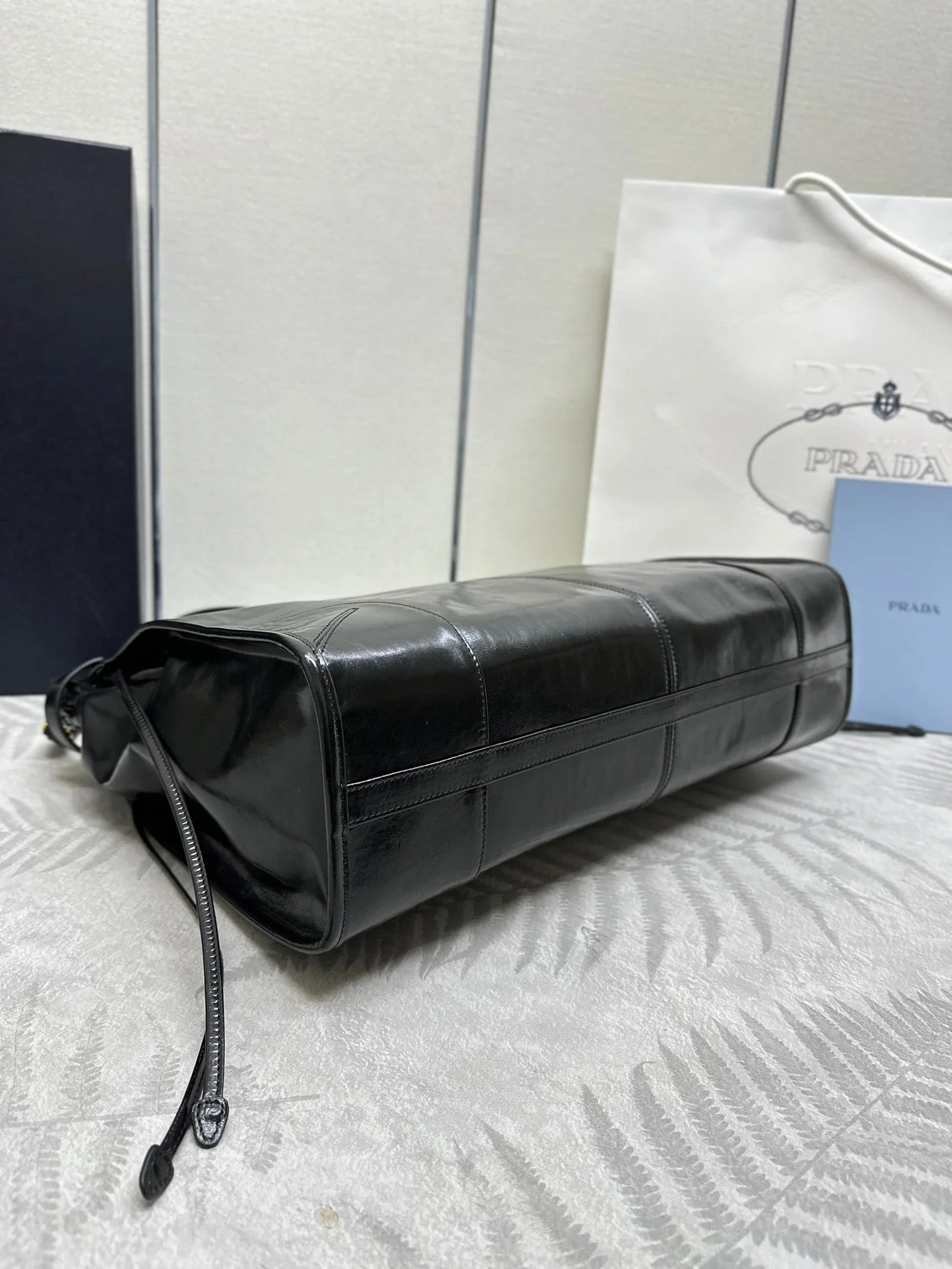 Prada TOTE BAG 42 IN BLACK OIL WAX LAMBSKIN GOLD HARDWARE