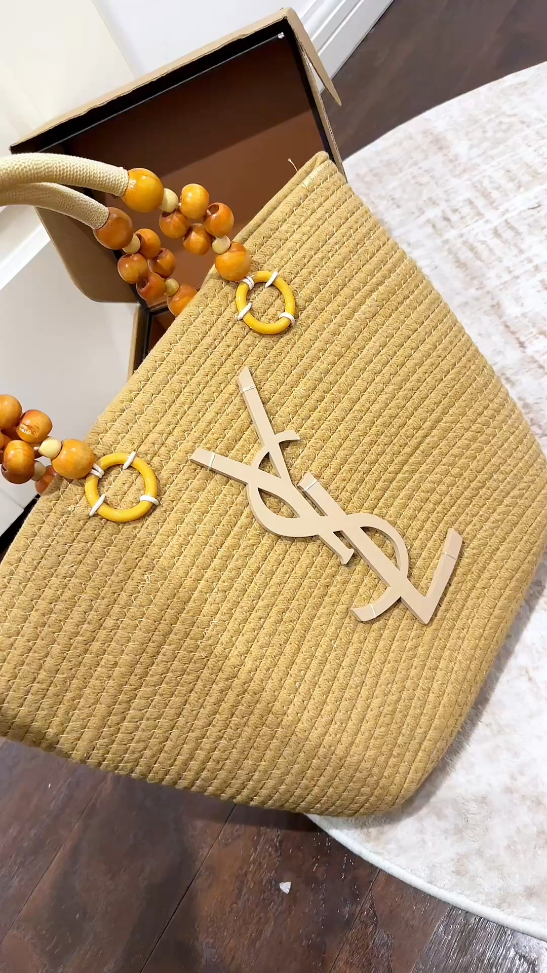Saint Laurent YSL Bea Braided Woven Cotton Wood Bead Handle Oversized Logo Basket Tote Bag - KAIROO