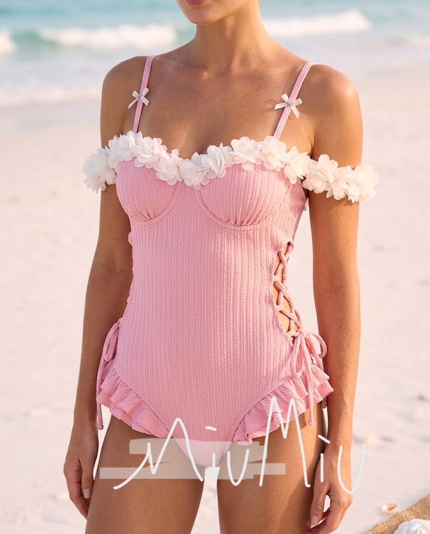 Miu Miu Pink Textured Off-Shoulder 3D Floral Trim Ruffle Side Cutout One-Piece Swimsuit - KAIROO