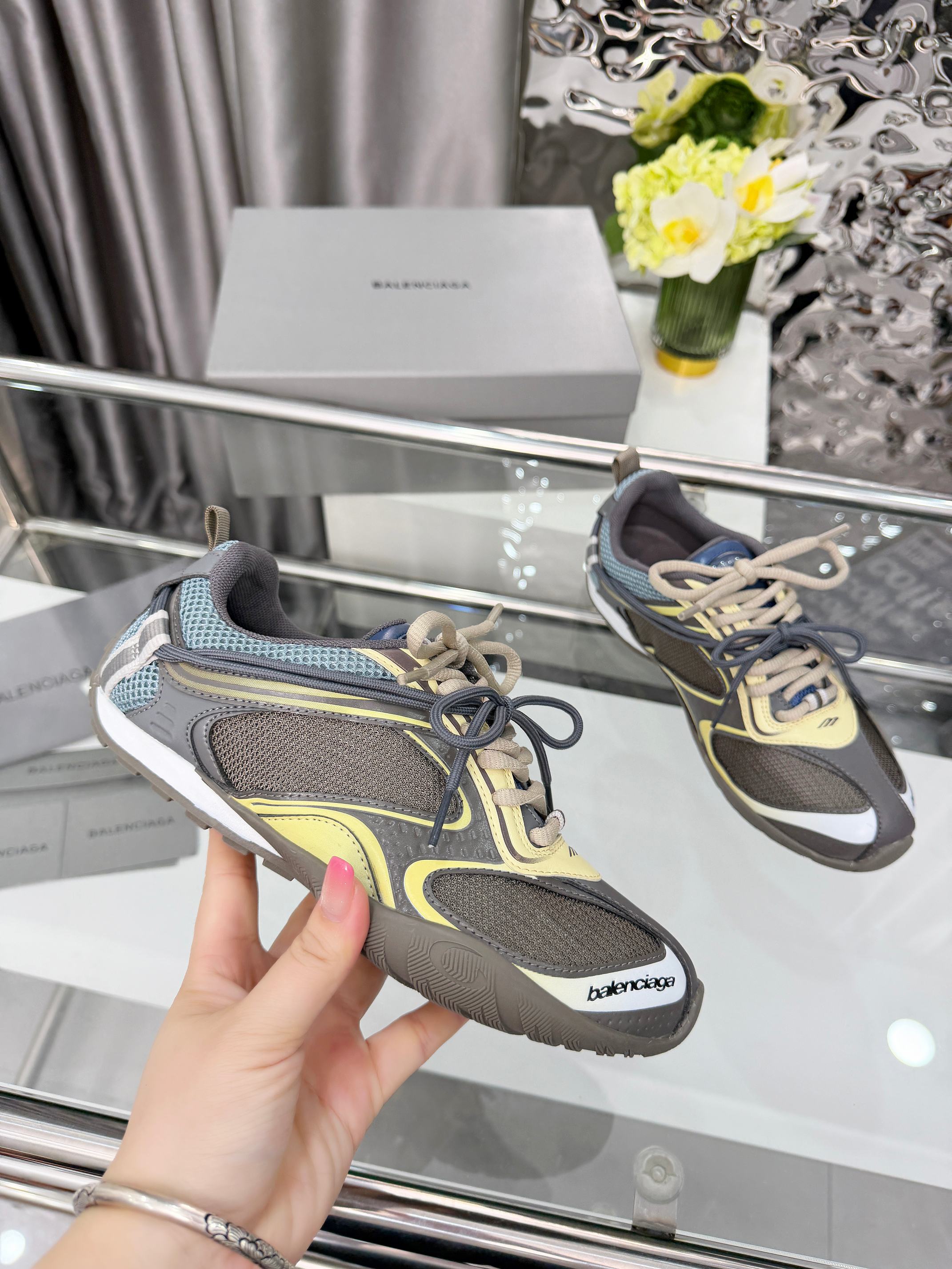 Balenciaga Radar Brown Yellow Blue Tech Mesh Gradient Panel Lace Up Low Top Jogger Sneakers - KAIROO