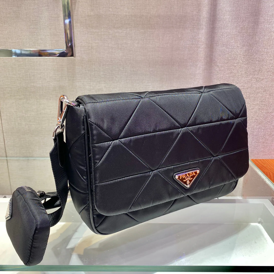 Prada LARGE FLAP BAG 28 IN BLACK TRIANGULAR QUILTED PATTERN RE-NYLON