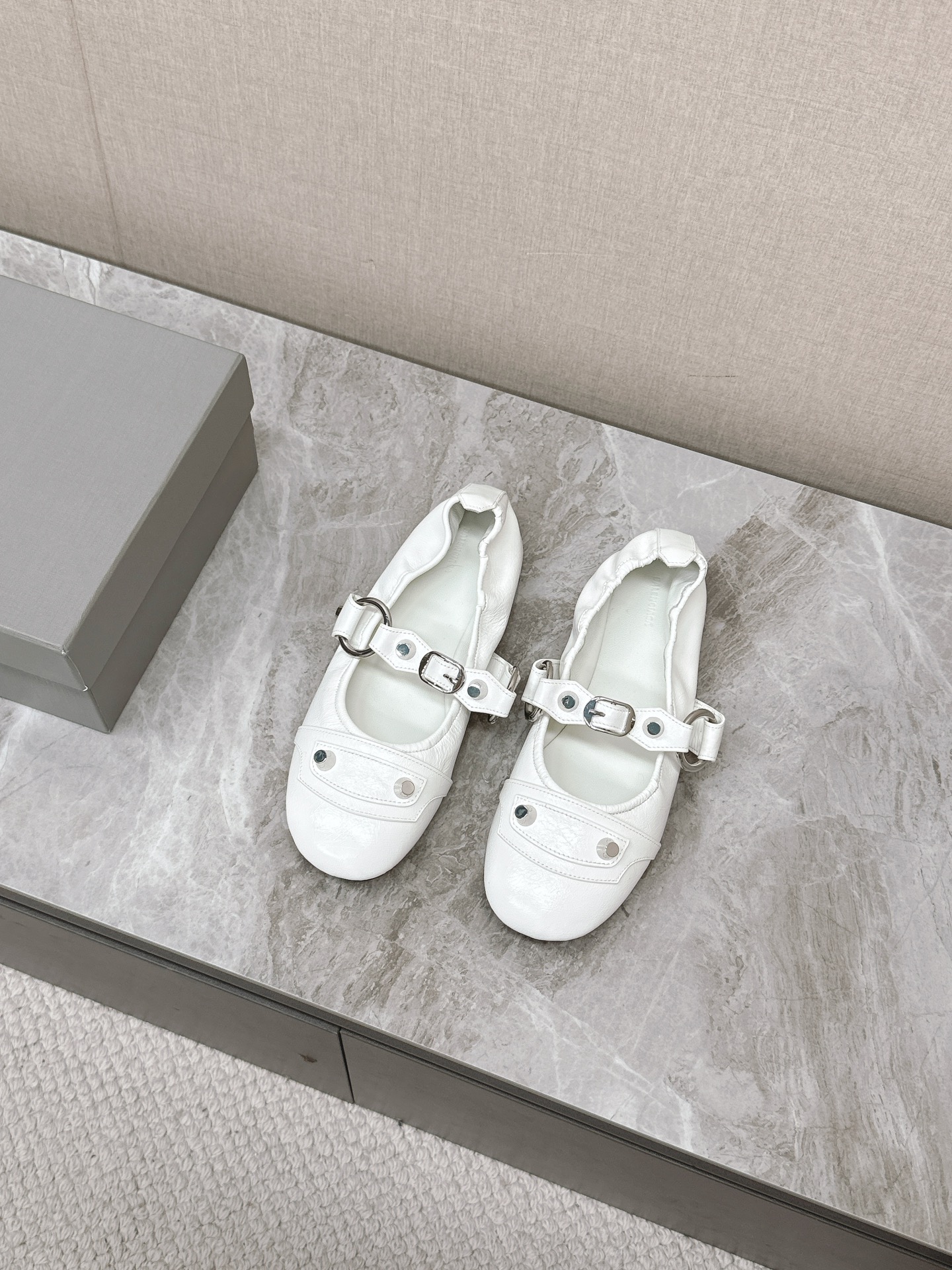 Balenciaga Cagole White Arena Leather Studded Buckle Strap Moto Mary Janes Ballerina Flats - KAIROO
