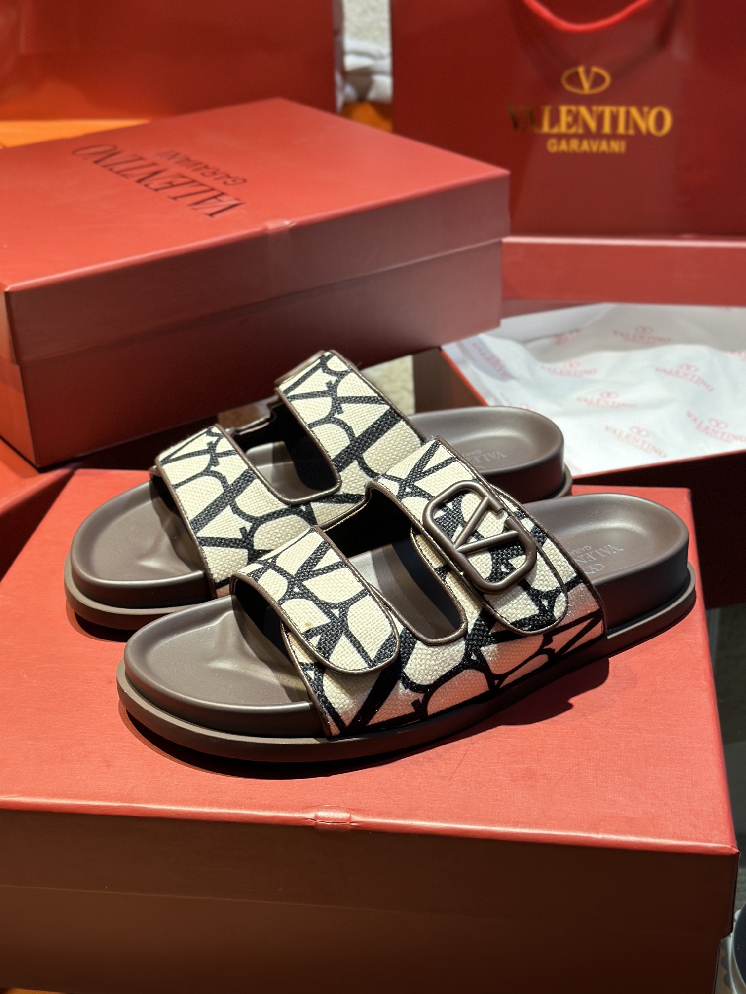 Valentino Garavani Toile Iconographe VLogo Beige Canvas Dual Strap Flat Slide Sandals - KAIROO