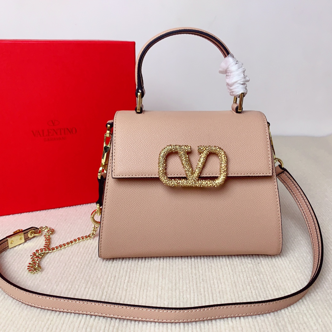 Valentino Garavani Vsling Top Handle bag in Calfskin and crystals-Beige