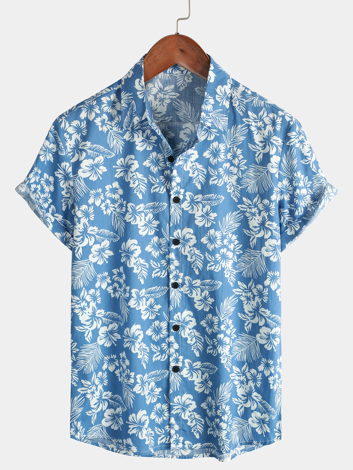Men's Aloha Resort Blue Tropical Leaf Cotton Button-Up Beach Short Sleeve Shirt