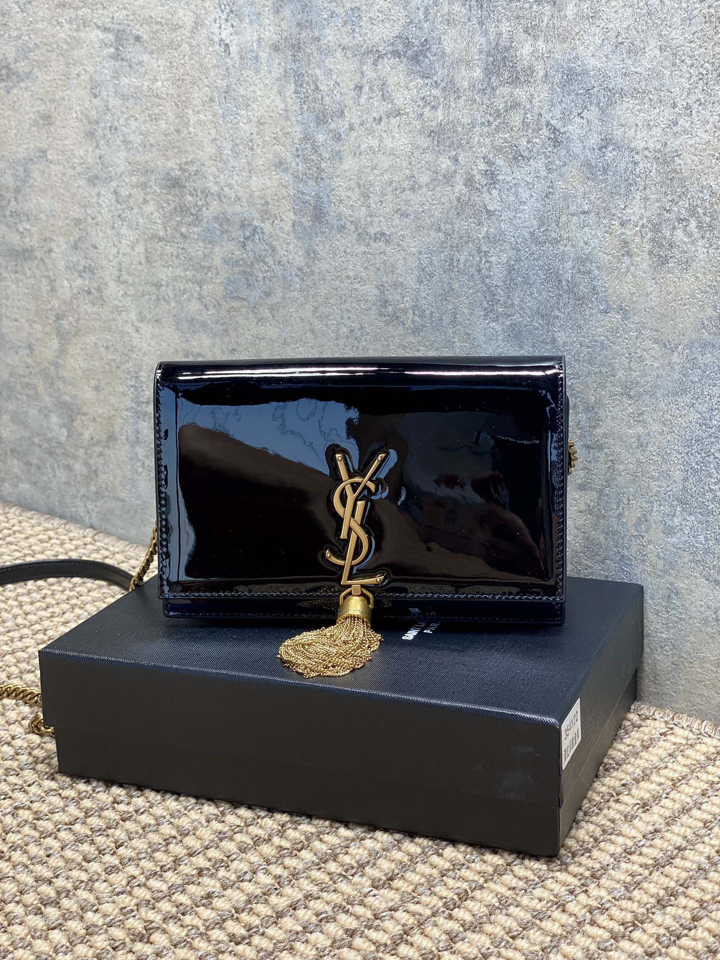 Saint Laurent Rectangular Black Patent Leather Chain Shoulder Bag with Gold Tassel - KAIROO