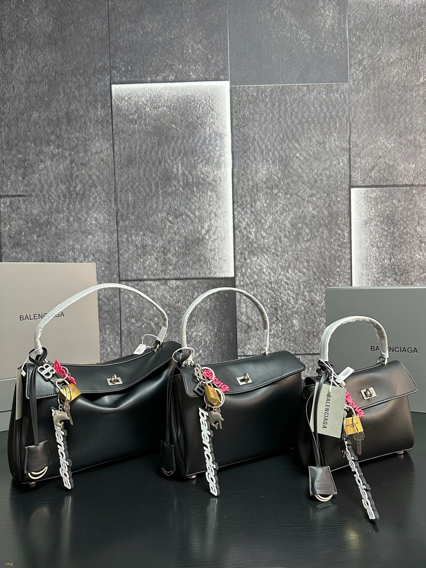 Balenciaga Rodeo Black Slouchy Kelly Smooth Leather Turn Lock Tote Top Handle Bags With Charms - KAIROO