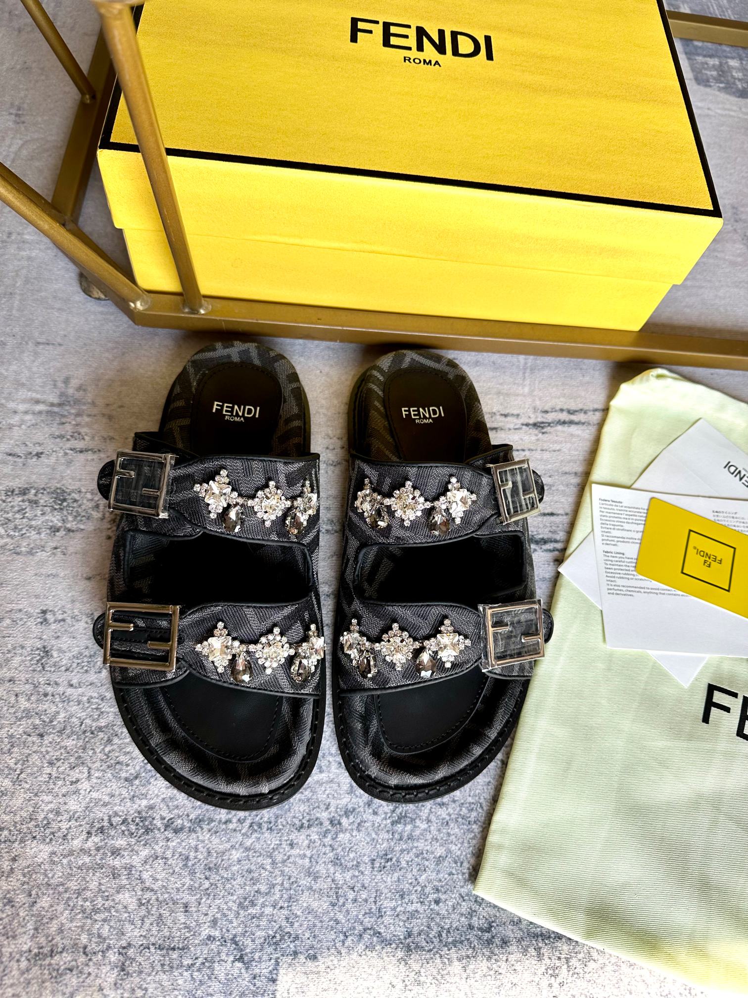 Fendi FF Dark Grey Jacquard Monogram Canvas Crystal Flower Embellishmen Dual Buckle Strap Slide Sandal - KAIROO