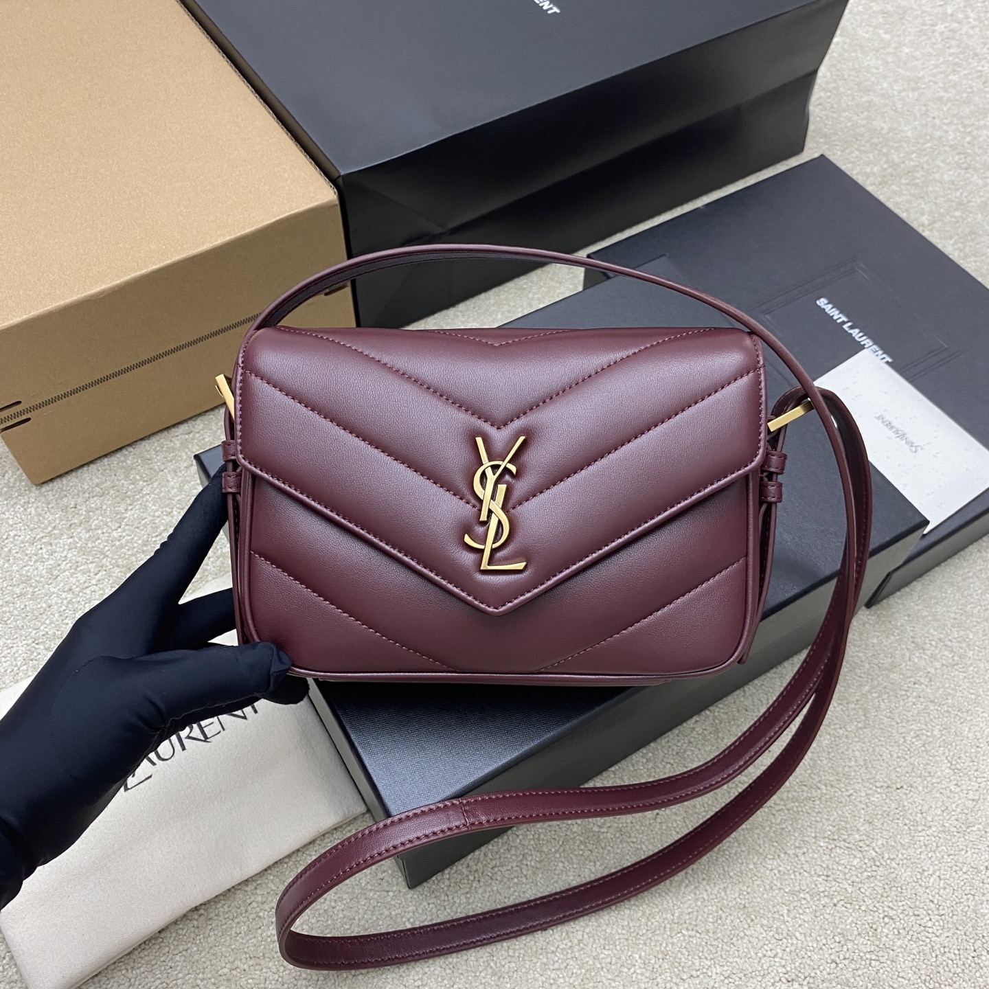 Saint Laurent Rouge Cabernet Toy Loulou Crossbody Bag in Lambskin