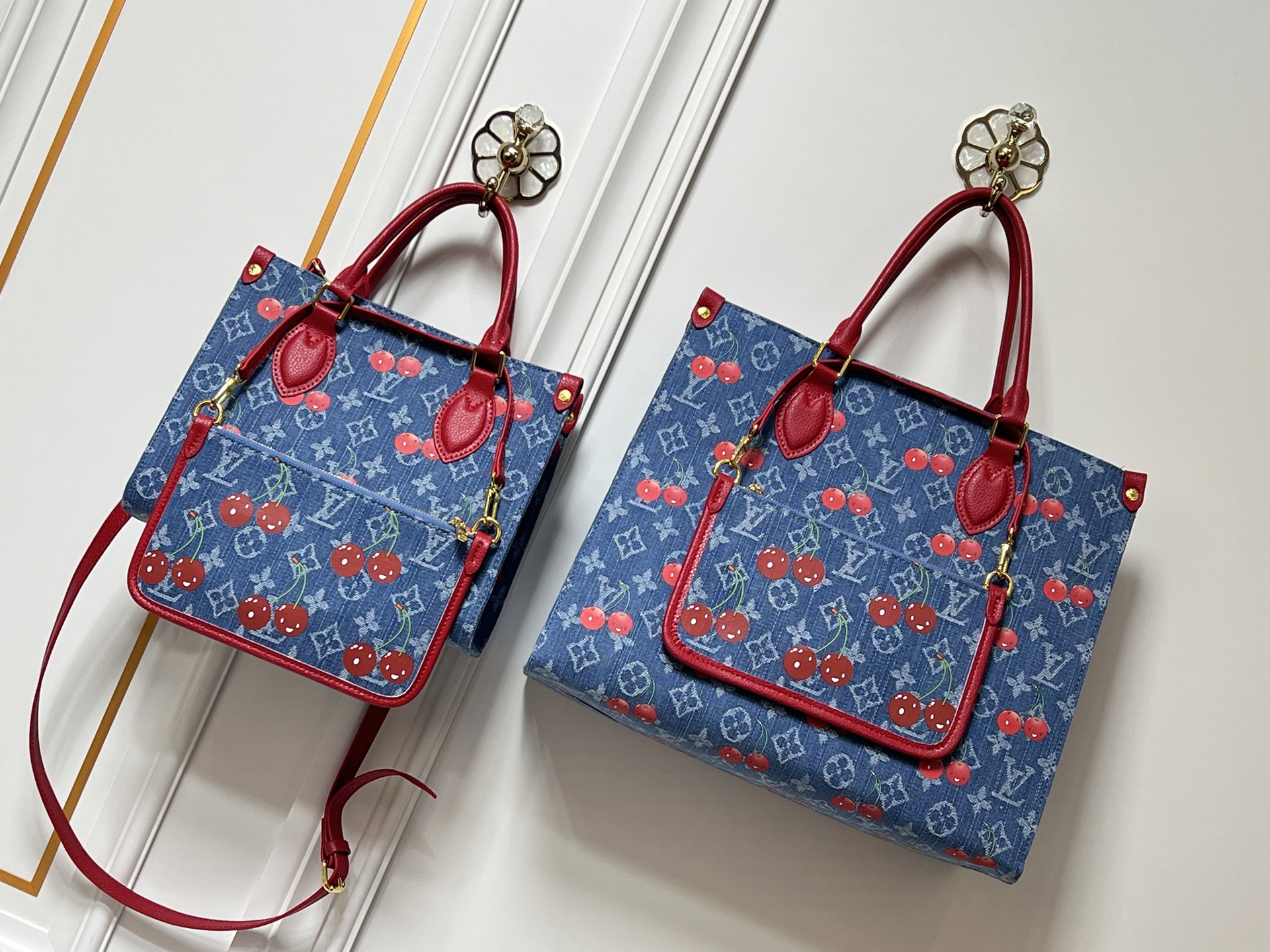 Louis Vuitton LV× TM OnTheGo PM/MM Blue Denim Cherry Monogram Top Handle Tote Bag With Pouch - KAIROO