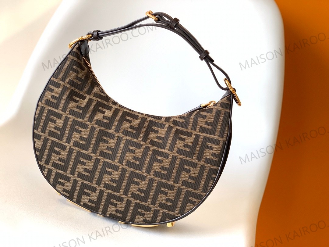 【10A】Fendi Fendigraphy FF Mini &Small Tobacco Jacquard Crescent Hobo Bottom Gold Lettering Logo Shoulder Bag - KAIROO
